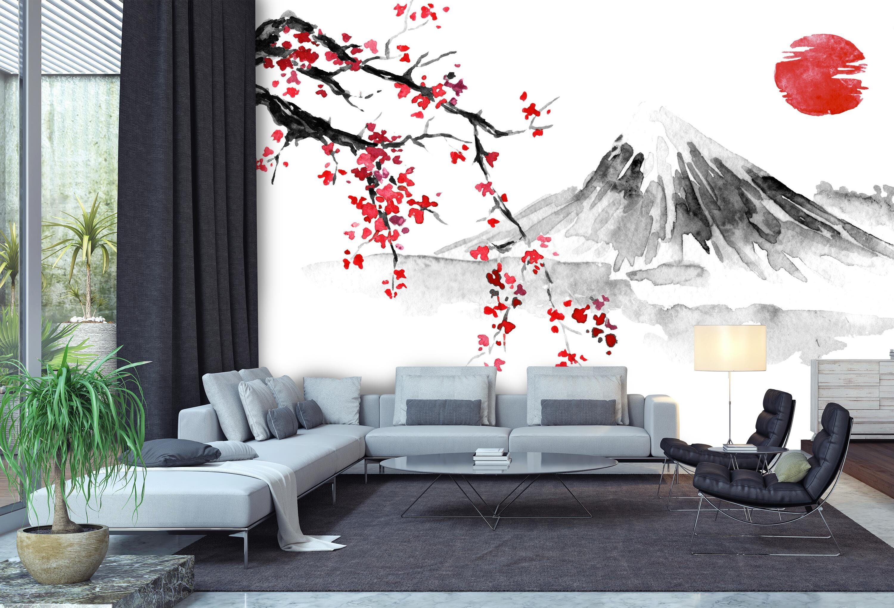 wandmotiv24 Fototapete Japanischer Stil Landschaftszeichnung, strukturiert, Wandtapete, Motivtapete, matt, Vinyltapete, selbstklebend