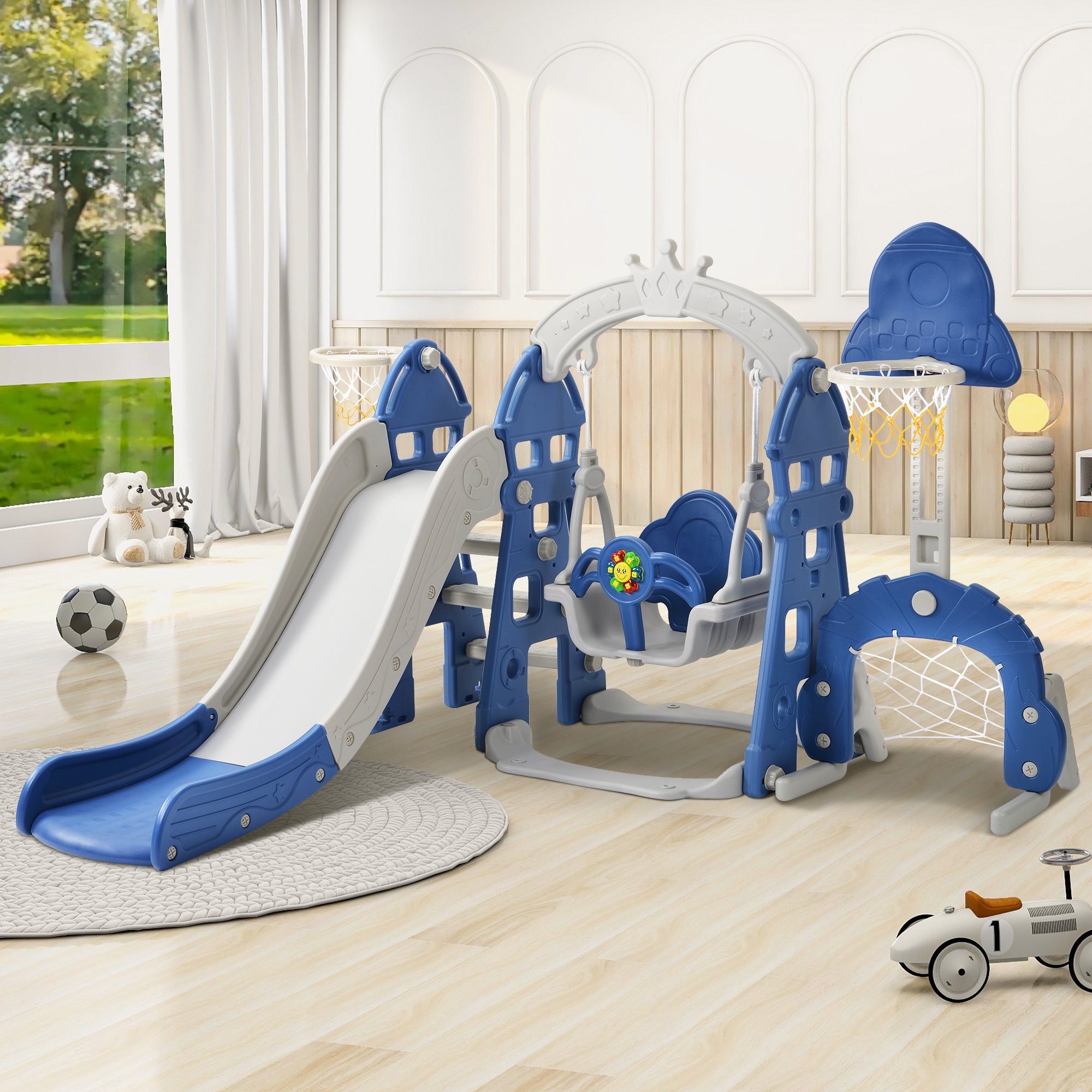 WISHDOR Indoor-Rutsche 5 in 1 Rutsche Kinderrutsche Fun-Slide Schaukel Kleinkinderrutsche, (Schaukel Rutsche Gartenrutsche, multifunktional mit Basketballkorb Fußballtor Kletterturm), mit Rutschbahn für 2-8 Jahre Kinder Indoor & Outdoor