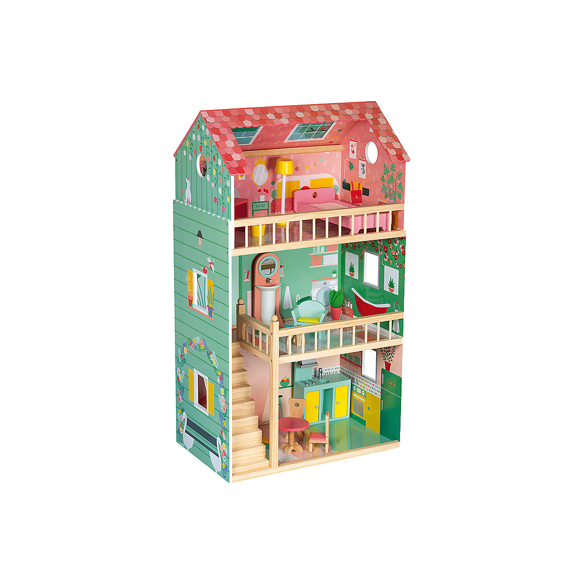 - Happy Day Holz-Puppenhaus, 3 Etagen und mit 12 Zubehörteilen, Spielzeugnachbildung, entwickelt die Fantasie, ab 3 Jahren, J06580