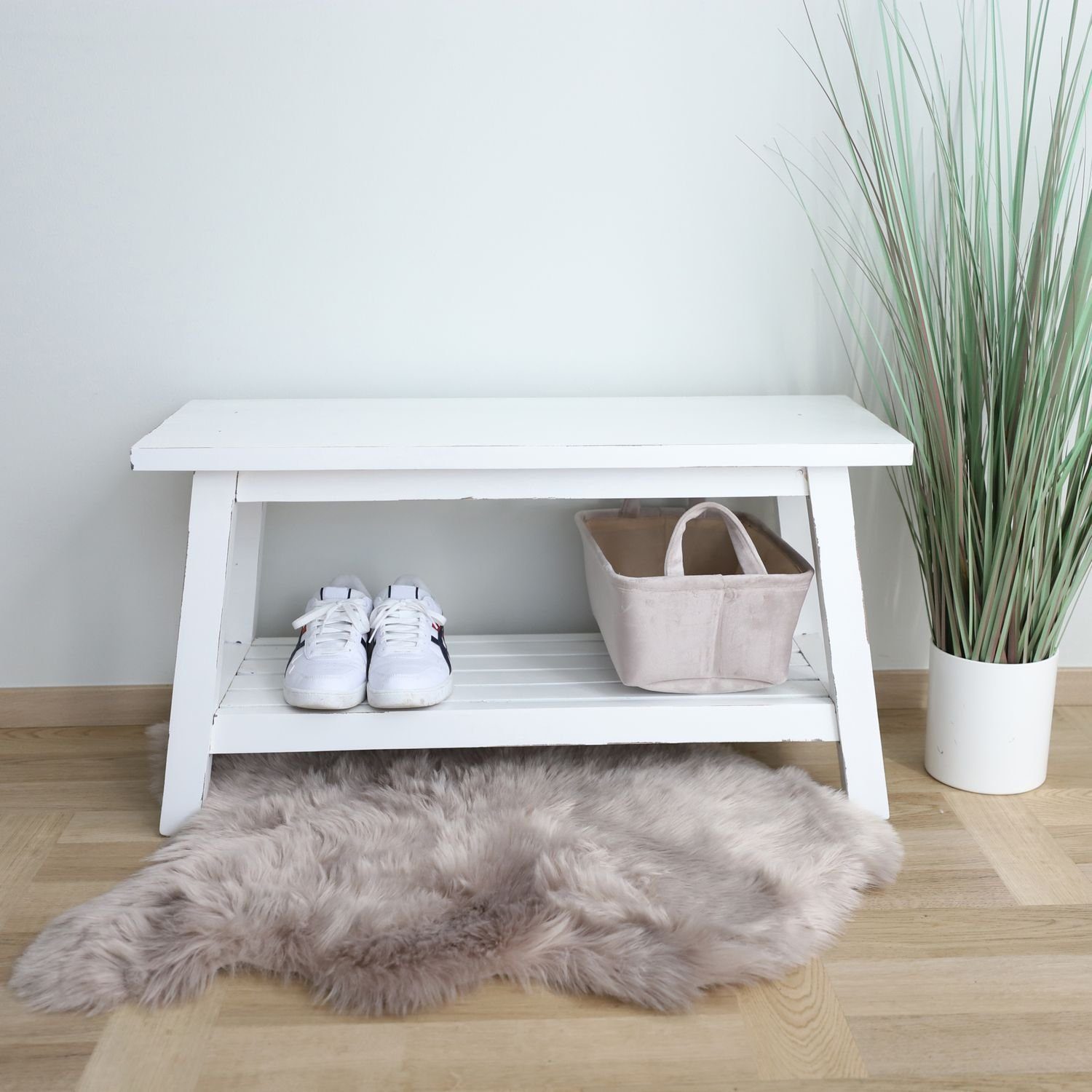 BURI Gartenbank Rustikale Holzbank Weiß Used-Look 90x35cm Sitzbank Dielenbank Landhaus