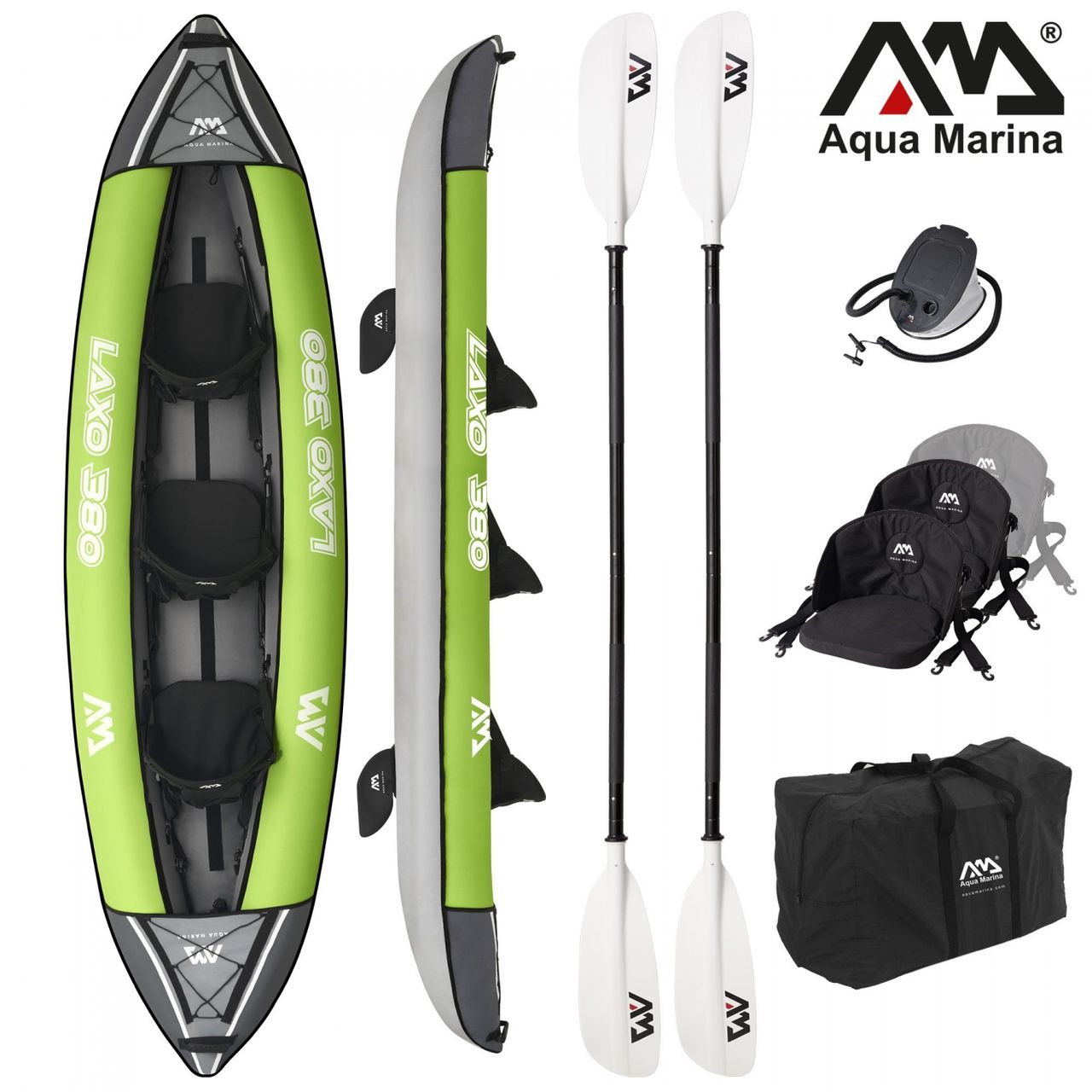 PureHaven Aqua Marina Kajak 380x95 cm. für 3 Personen mit Luftsitz verstellbarer Lehne Transporttasche Reparaturset und Handpumpe strapazierfähig Grün/Anthrazit