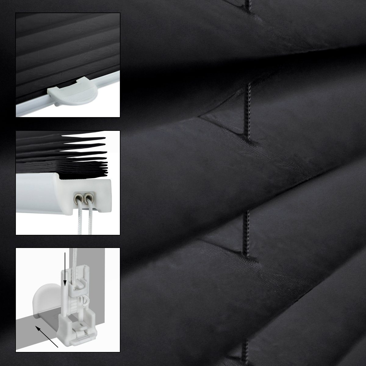 Plissee schwarz, 65x150 cm, inkl. Befestigungsmaterial, ECD Germany, Klemmfix, Klemmfix ohne Bohren 65x150cm Schwarz mit Klemmträger EasyFix