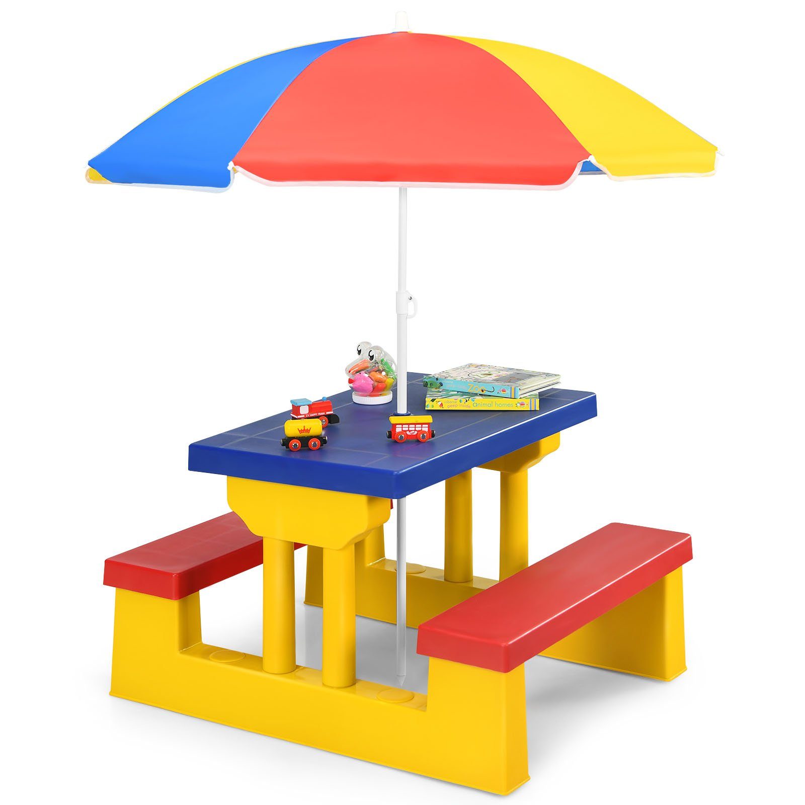 COSTWAY Kindersitzgruppe Sitzgarnitur, Kindertisch, mit Sonnenschirm