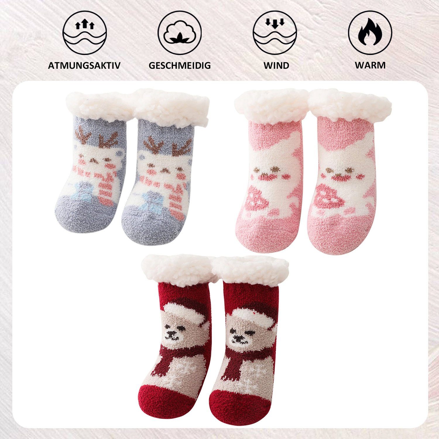 Daisred Thermosocken 3 Paar Kinder Tiersocken Flauschige Bodensocken