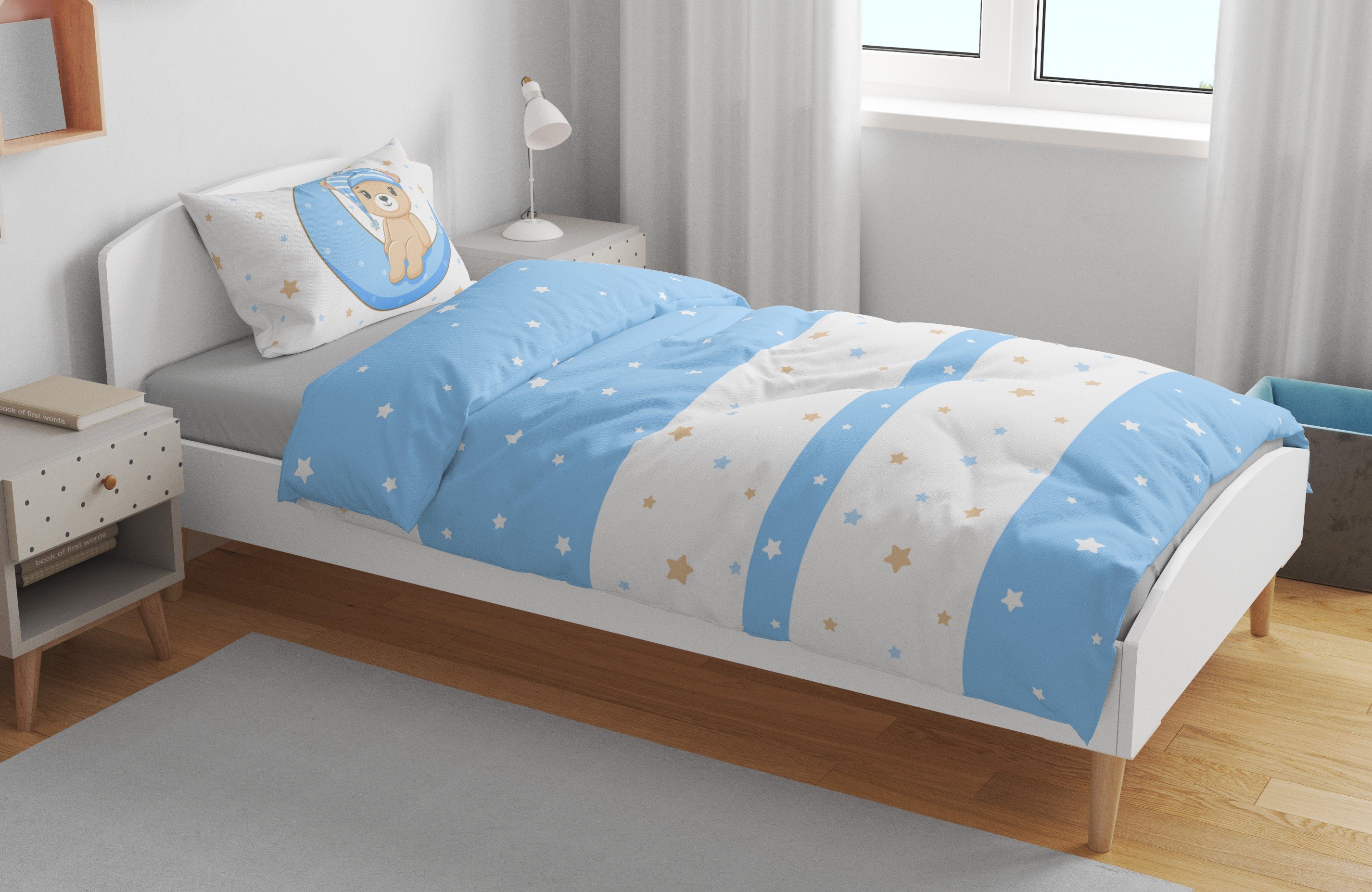 Babybettwäsche Teddy Bären, One Home, Mikrofaser, 2 teilig, Mond und Sterne für Jungen, Kinder und Babybetten geeignet