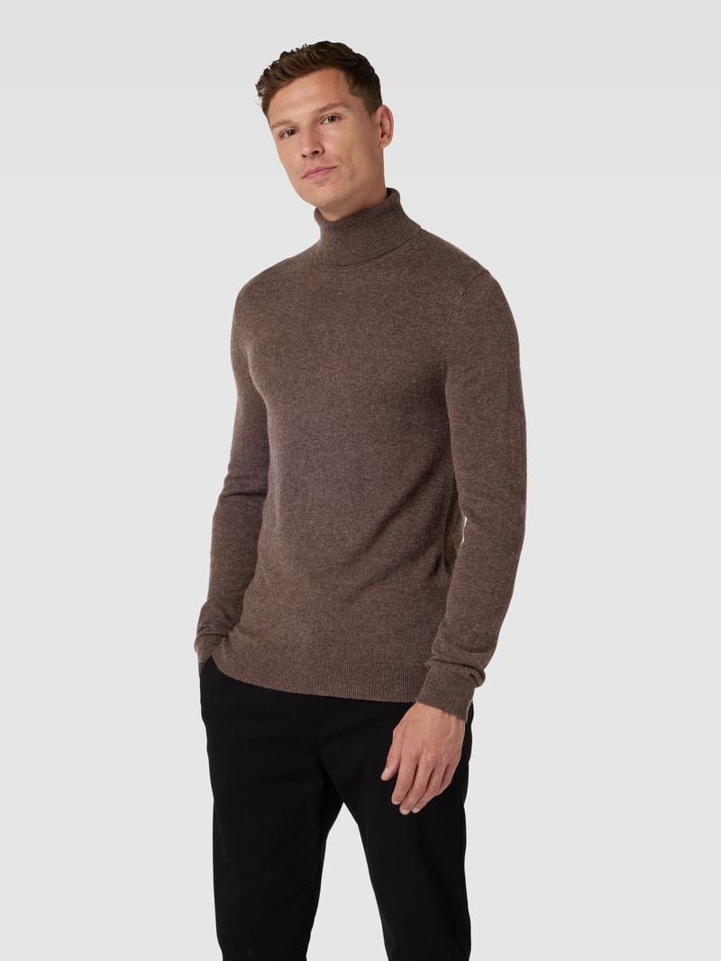 Strickpullover mit Rollkragen in dunkelbraun meliert