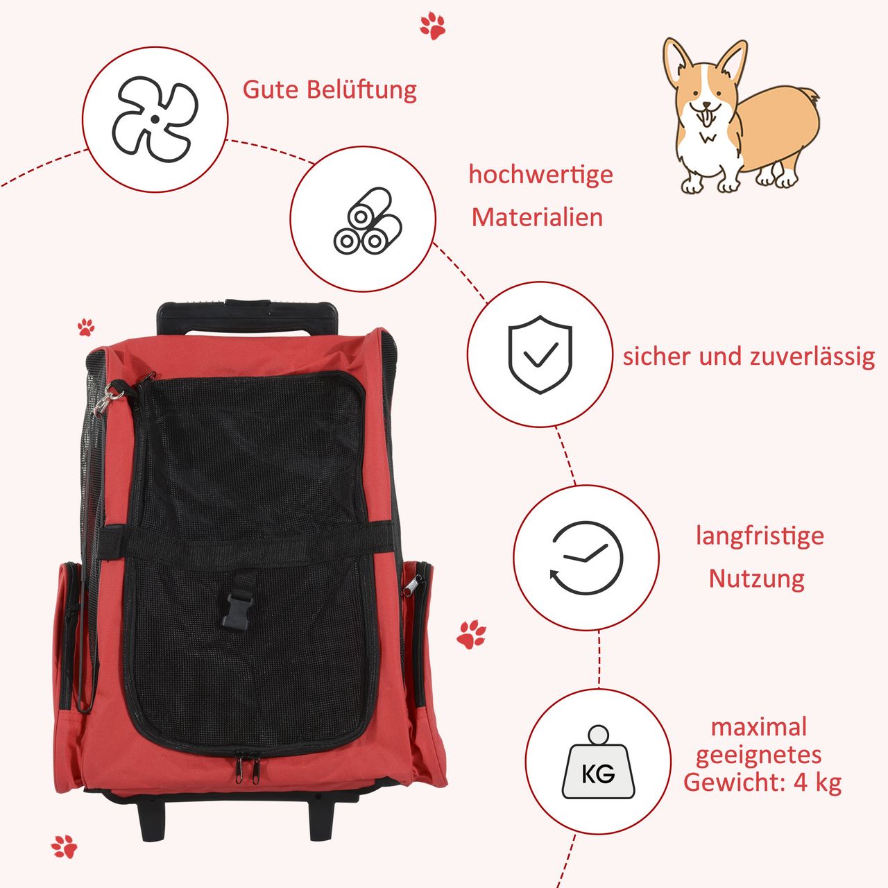 PawHut Hundetrolley Transporttasche Tragetasche 2-in-1 Haustierrucksack Rot