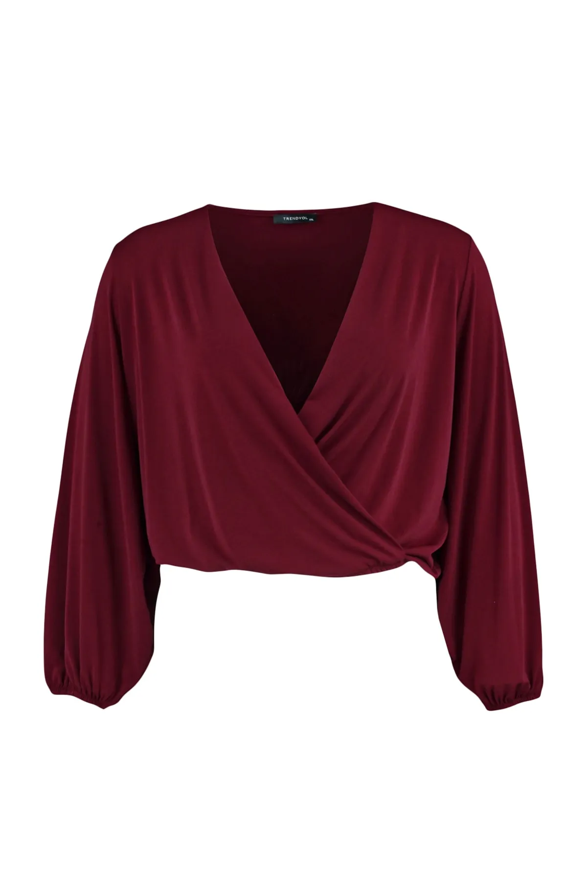 Trendyol Curve  Weinrote, zweireihige Strickbluse mit Ballonärmeln und Kragen TBBAW23AF00029