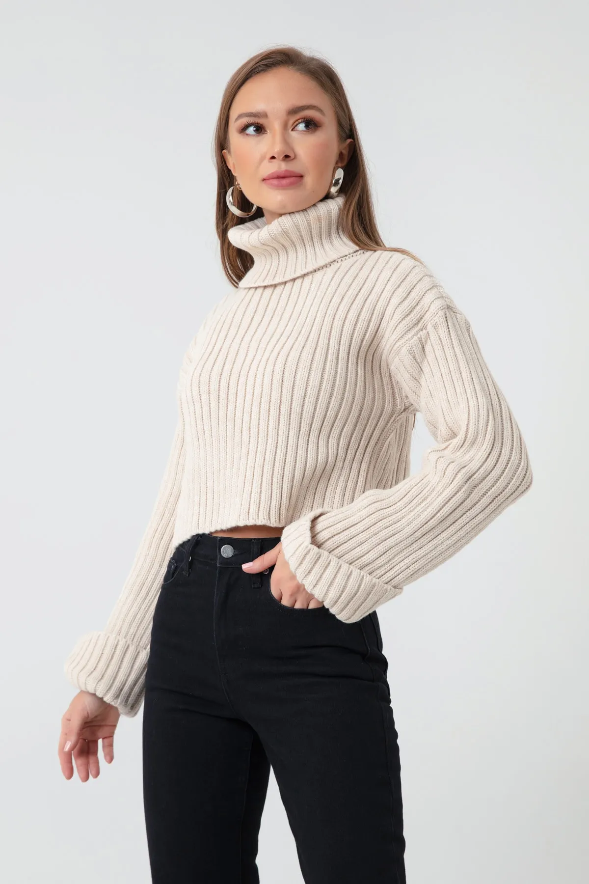 Lafaba  Breiter, gerippter Rollkragen-Strickpullover für Damen in Steinoptik