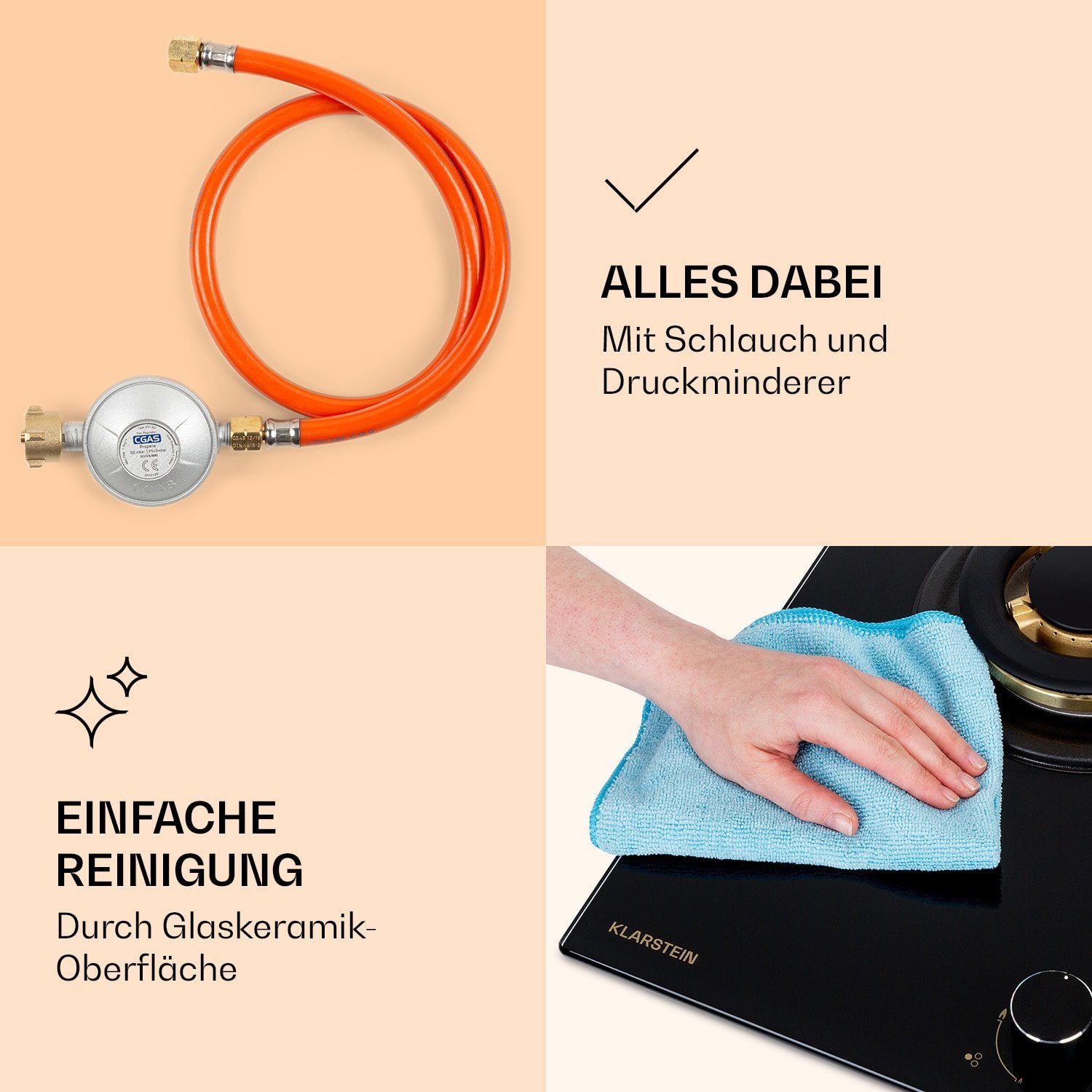 Klarstein Gas-Kochfeld Goldflame 3 Gaskochfeld 3-flammig Messing-Brenner Glaskeramik CP11-Goldflame-3, Einbau Gas Kochfeld 3 Platten Herdplatte Kochplatte Einbaukochfeld