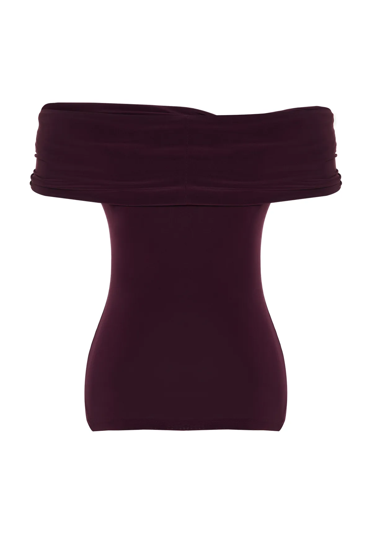 Trendyol Collection  Pflaumefarbene, taillierte, dehnbare, bauchfreie Strickbluse mit Carmen-Ausschnitt TWOSS24BZ00368