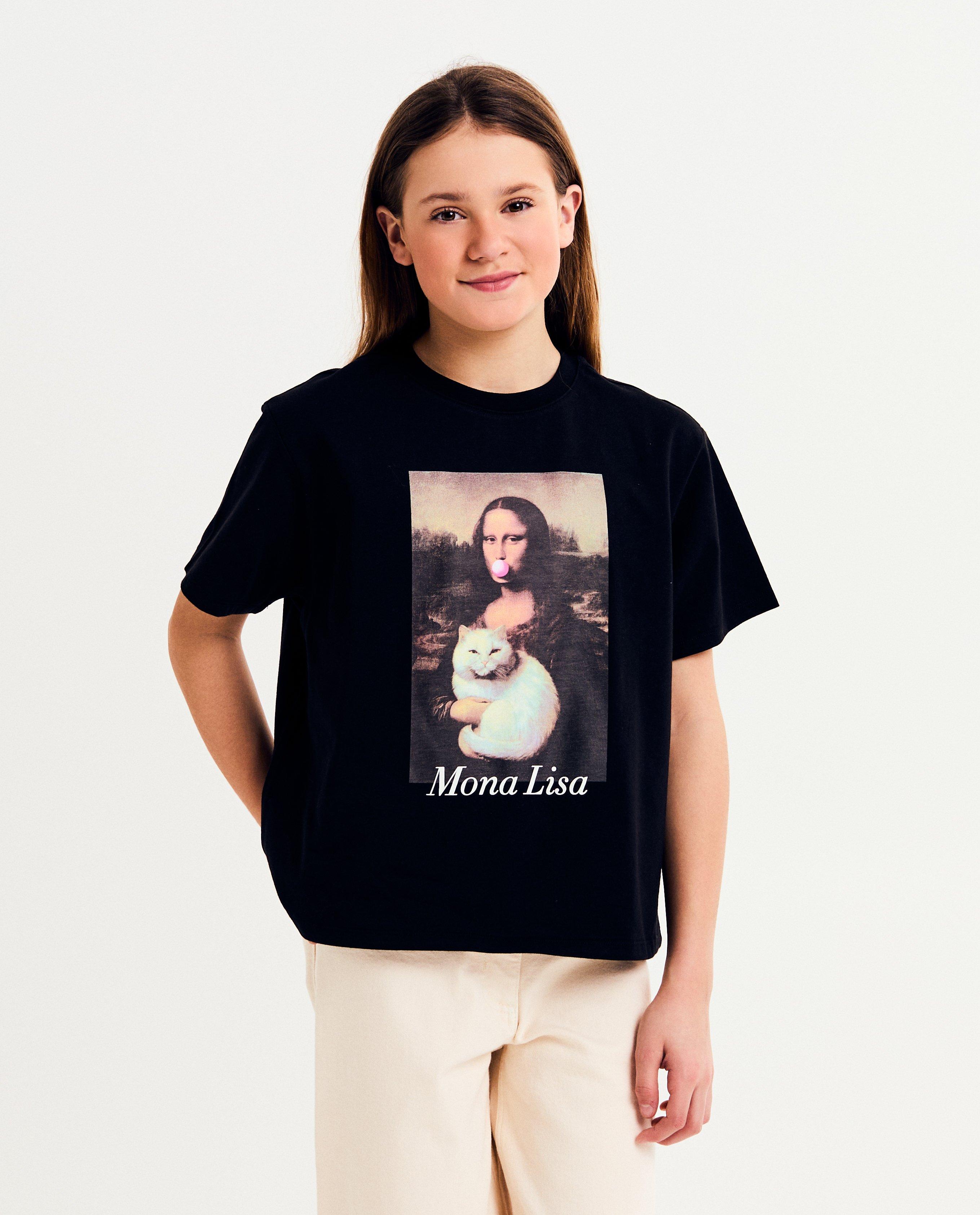 Tricou Fish & Chips cu imprimeu Mona Lisa negru