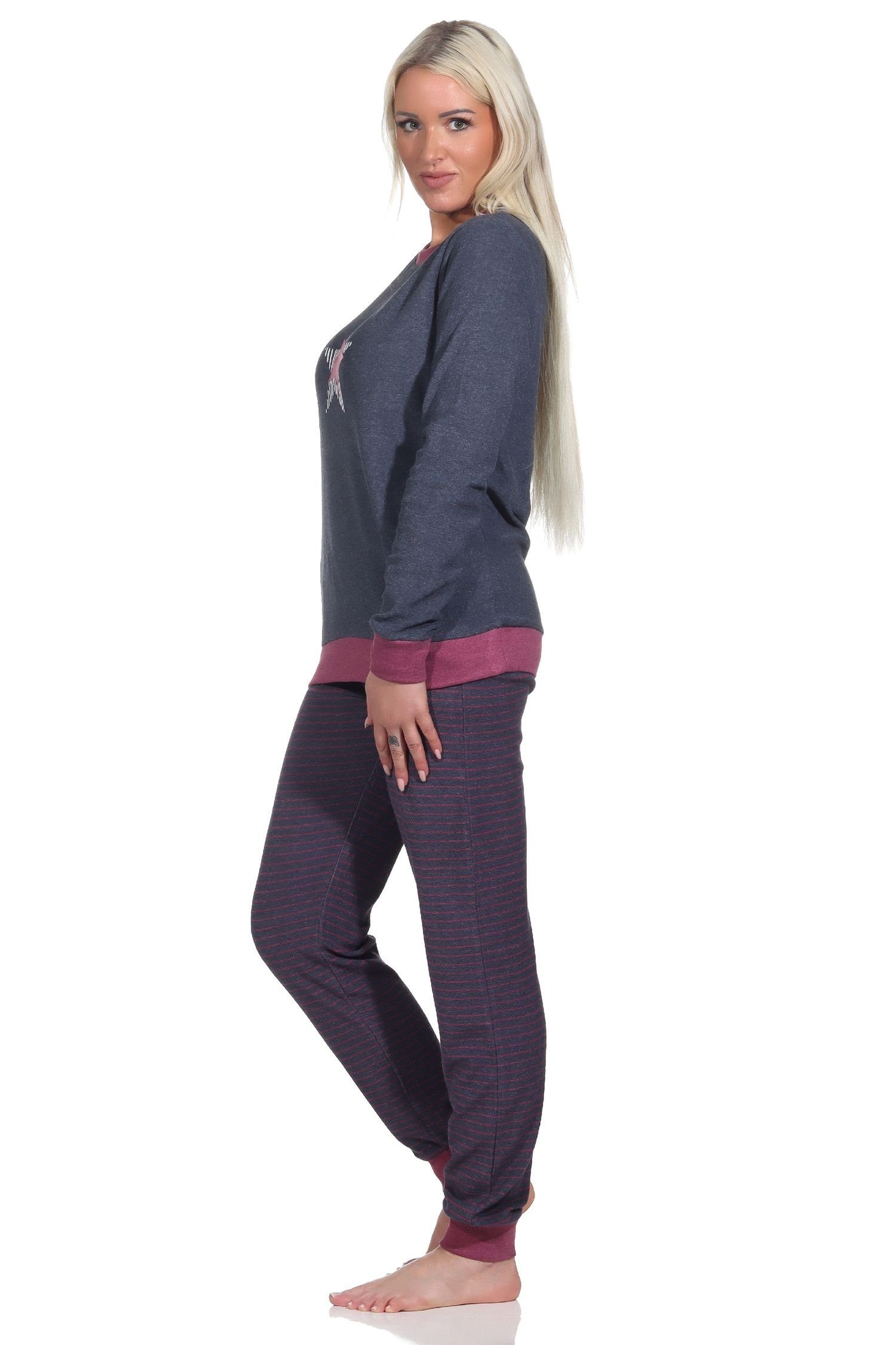 Normann Pyjama Damen Frottee Pyjama mit Bündchenund Stern Motiv Hose gestreift