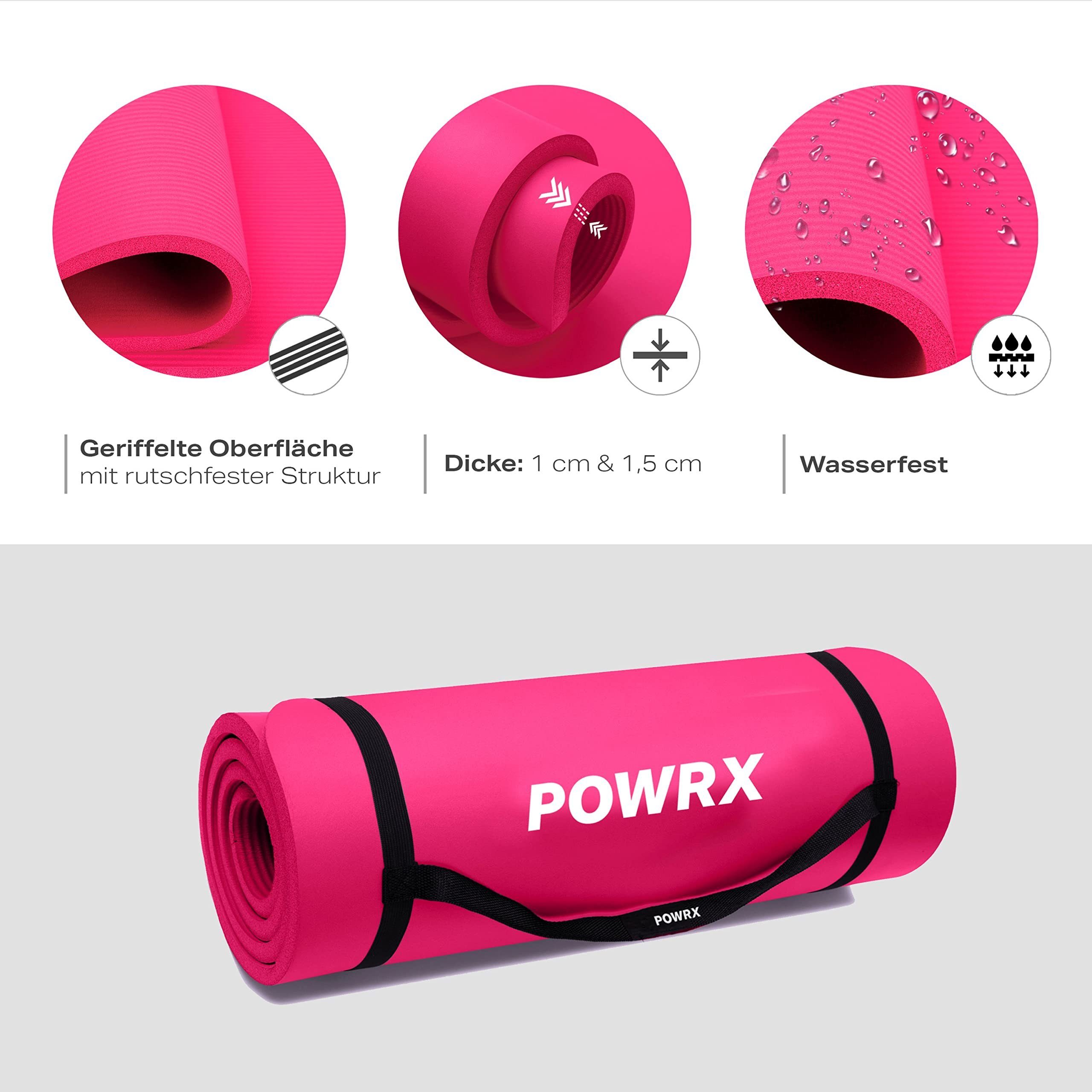 POWRX Yogamatte Gymnastik- & Yoga-Matte (Pink, 190x60x1.5cm) inkl. Trageband + Tasche, Pink 190 X 60 X 1.5 Cm