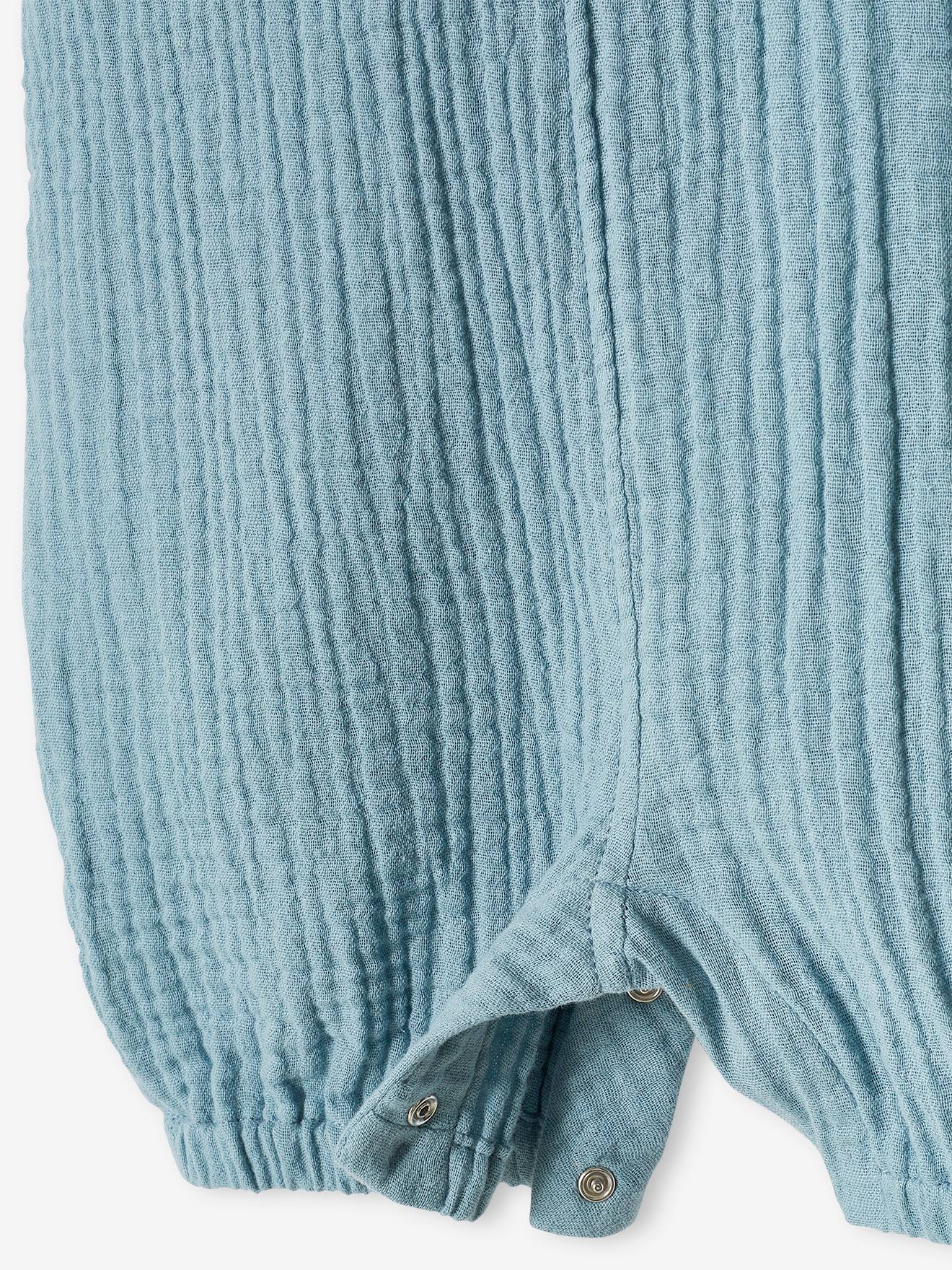 Salopette bébé naissance en gaze de coton doublée denim bleached
