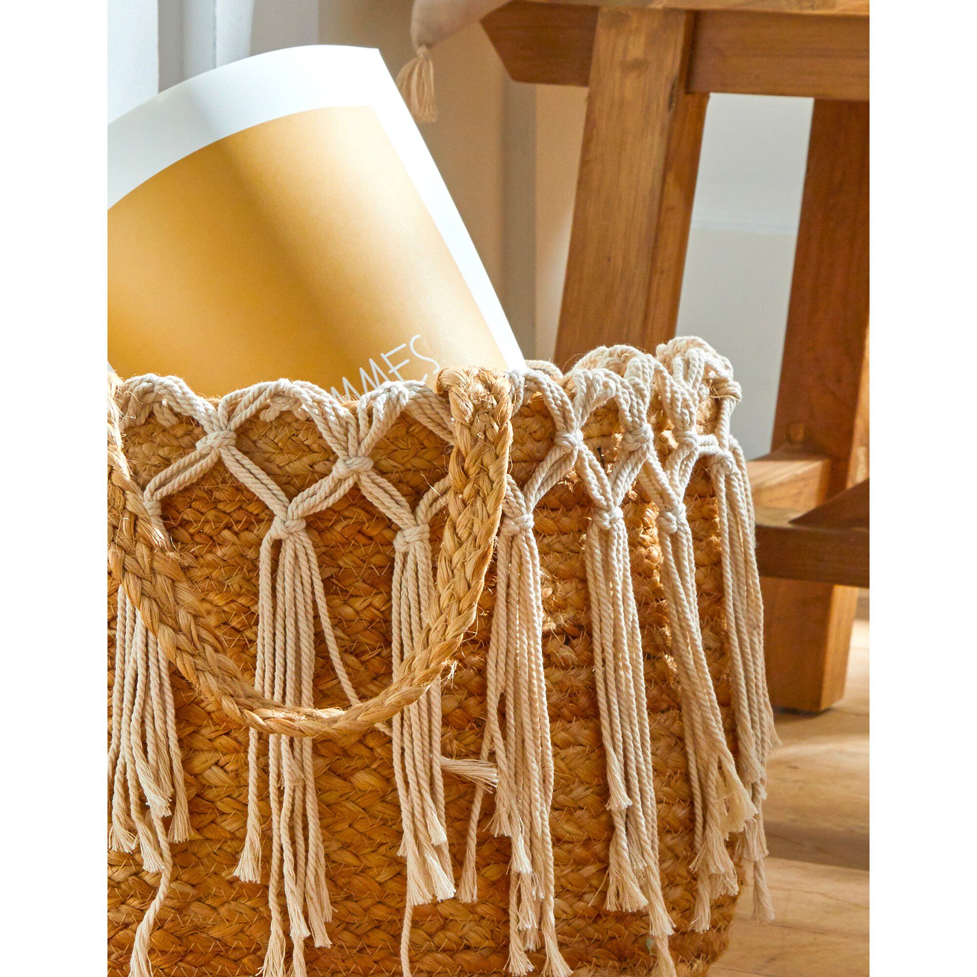 Panier rond jute franges en macramé