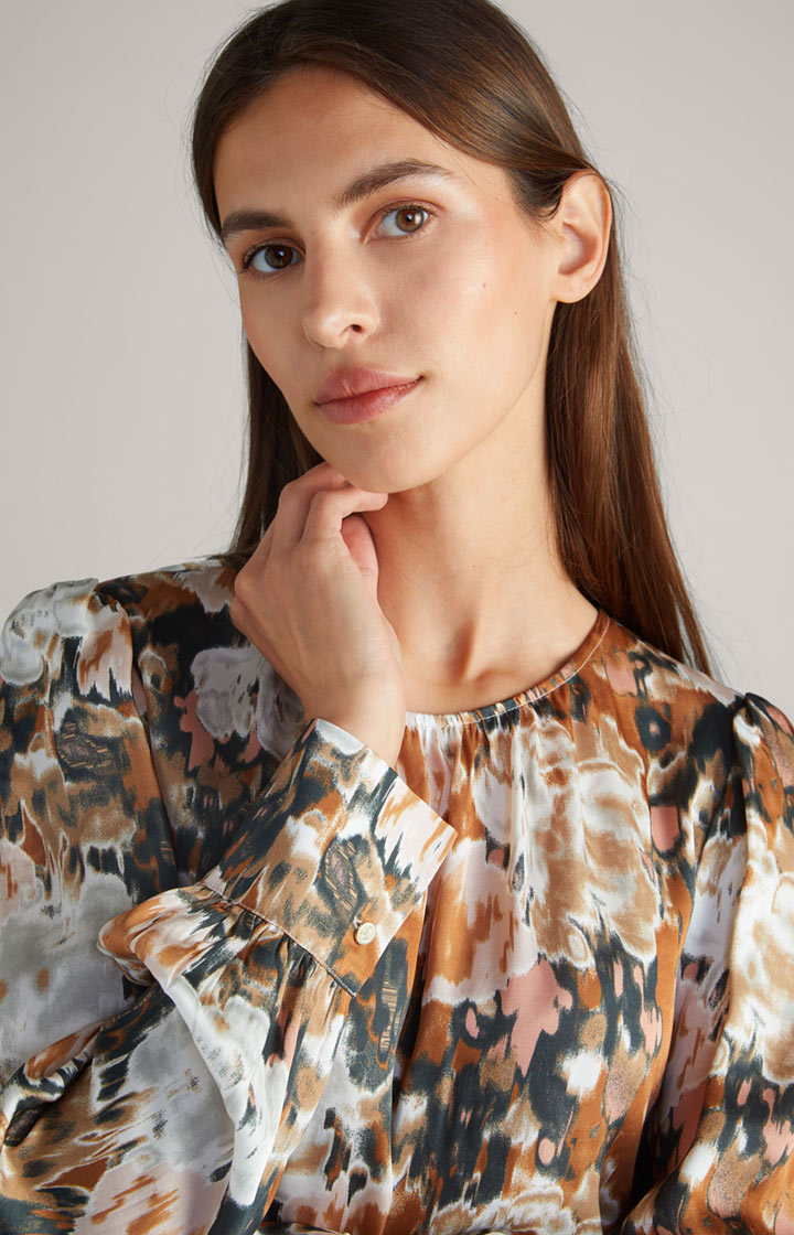 Satin-Langarm-Bluse in Braun/Schwarz/Ecru gemustert