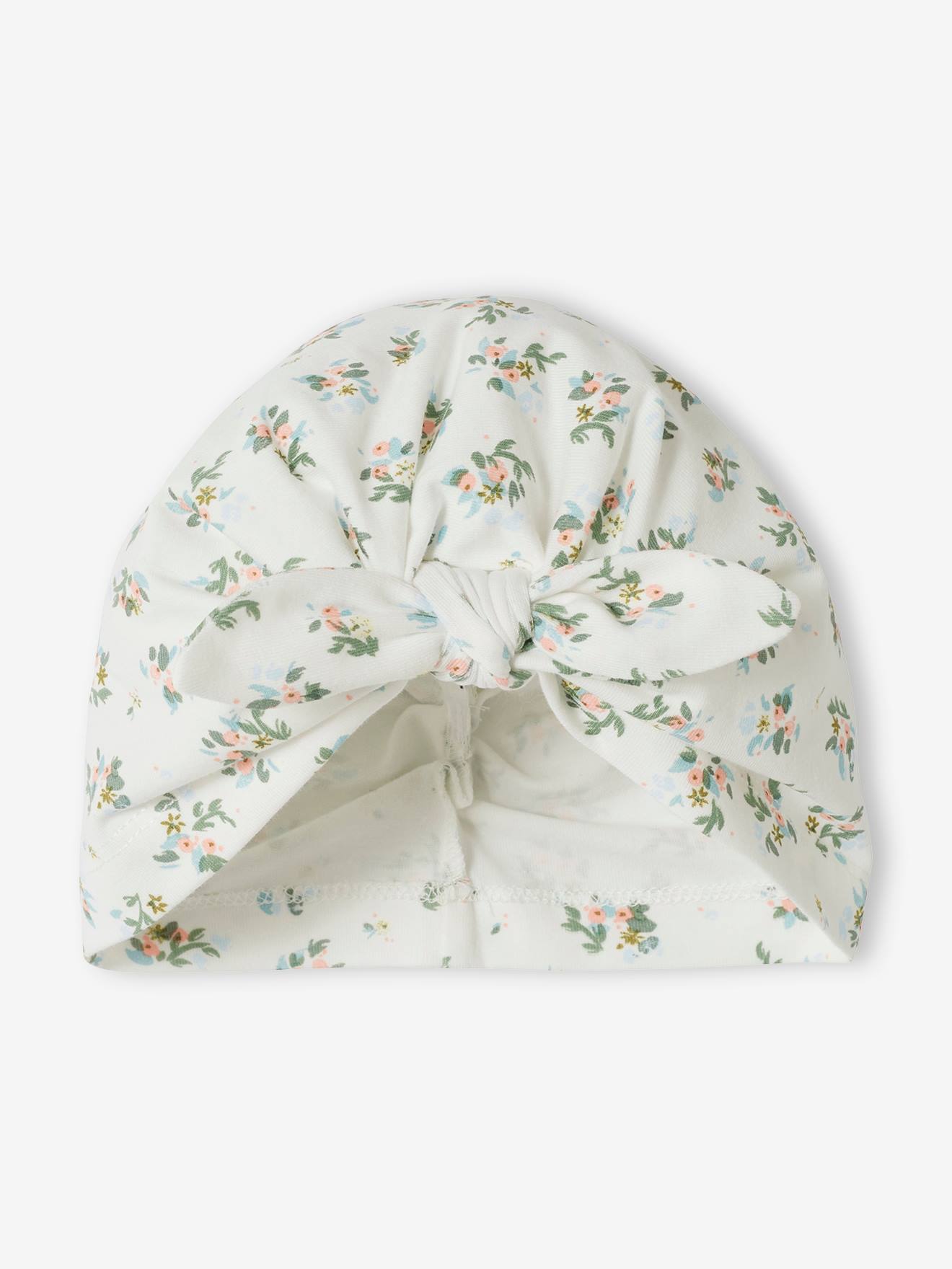 Bonnet esprit turban bébé fille en maille imprimée blanc imprimé