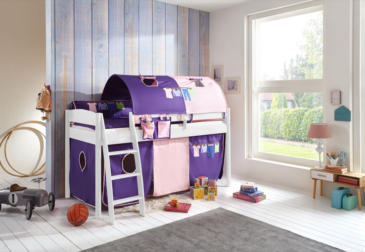 Relita Halbhohes Bett MICHELLE 90 x 200 cm Buche massiv weiß lackiert, mit Textilset Vorhang, 2-Tunnel, Tasche rosa/violett-Kleider