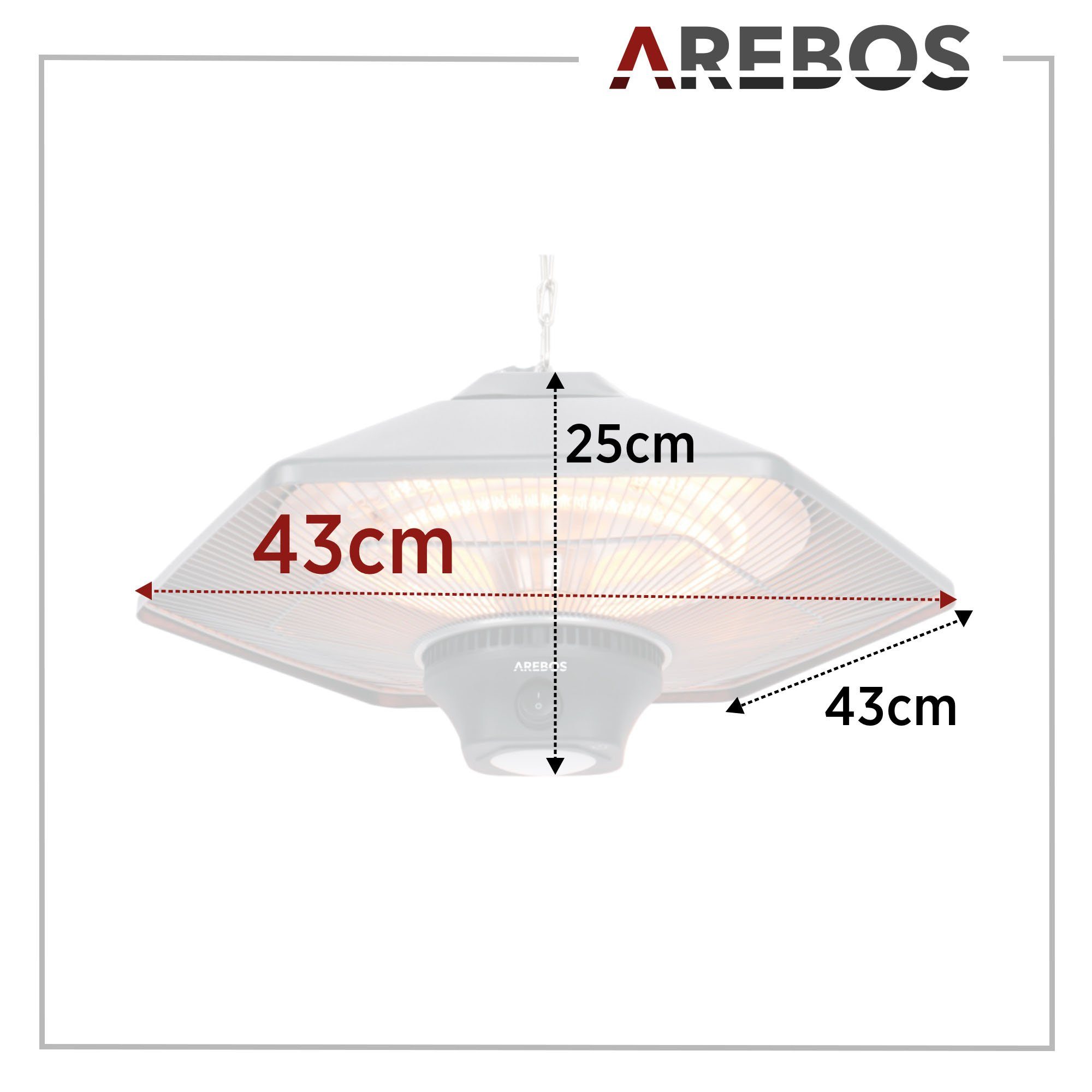 Arebos Terrassenstrahler Deckenheizstrahler 2000 W + Fernbedienung, 3 Heizstufen, zuschaltbare LED Beleuchtung, 2 Halogenlampen