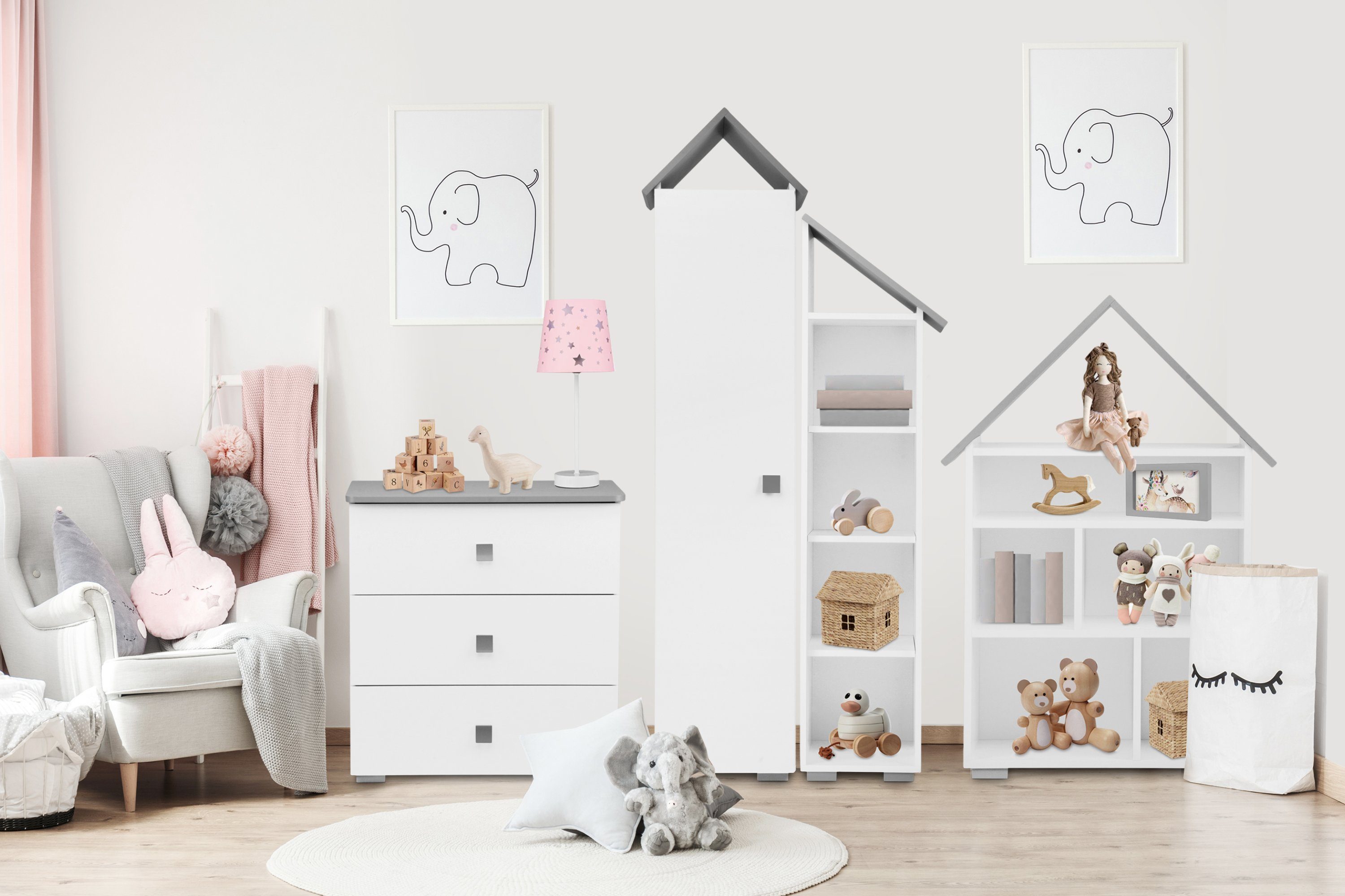 Konsimo Kinderkleiderschrank Kinder-Garderobe zu Kinderzimmer PABIS Kinderkleiderschrank mit Stange und Ablageflächen, ABS-Kanten