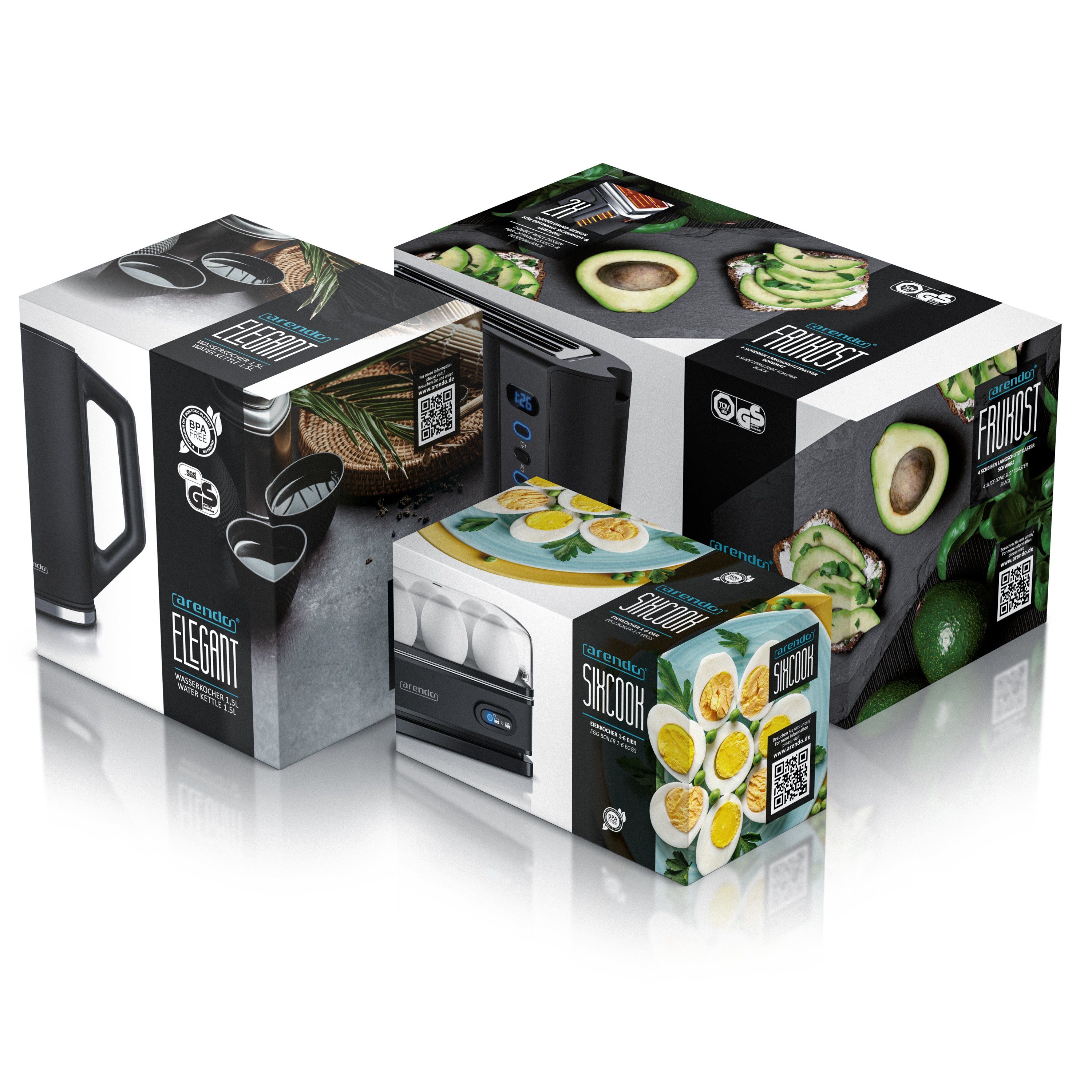 Arendo Frühstücks-Set (3-tlg), Wasserkocher 1,5l, 4-Scheiben Toaster, 6er Eierkocher, Schwarz