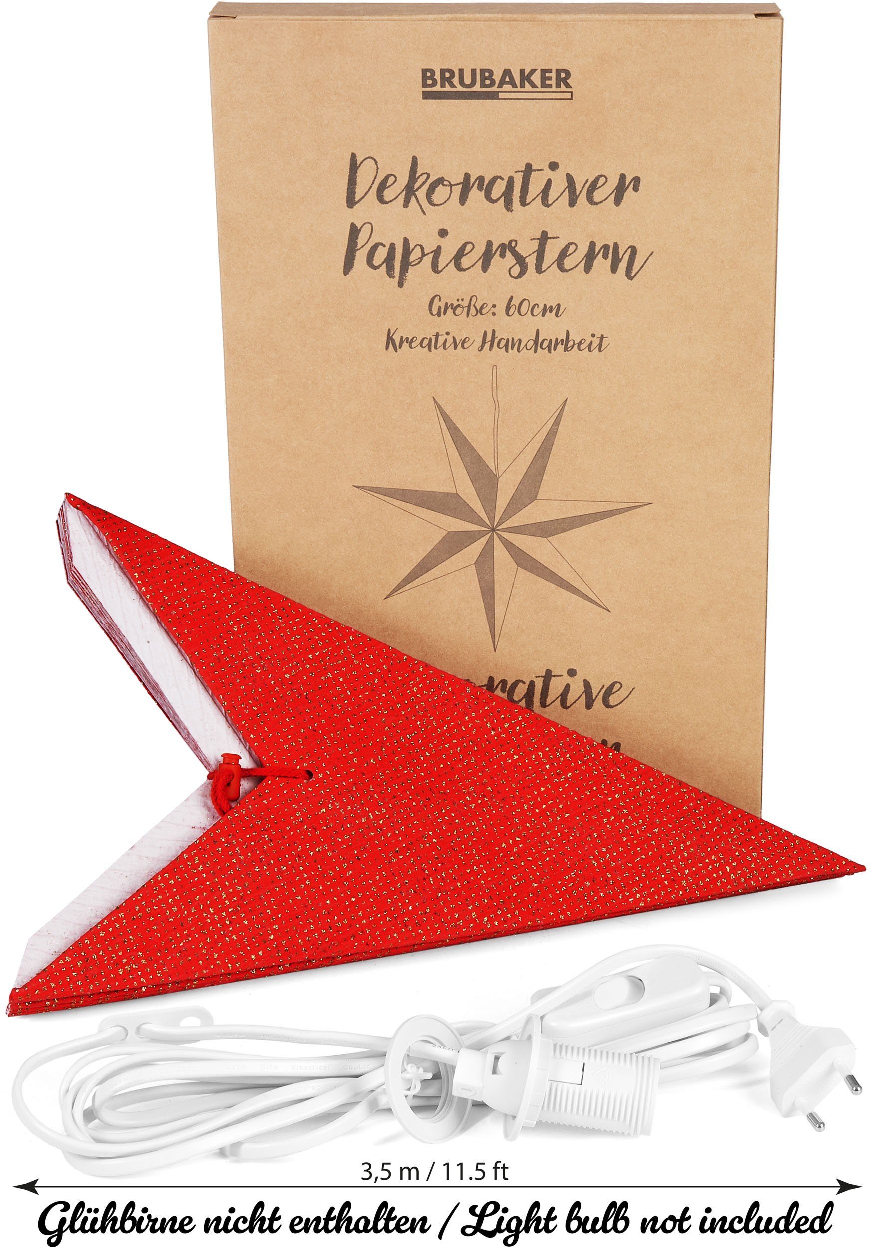 BRUBAKER Dekostern 60 cm Weihnachtsstern für Innen - Adventsstern mit E14 Fassung Hängend, 1 St., 3D Papierstern mit 3,5m Kabel - Fenster Stern Weihnachten Leuchtstern