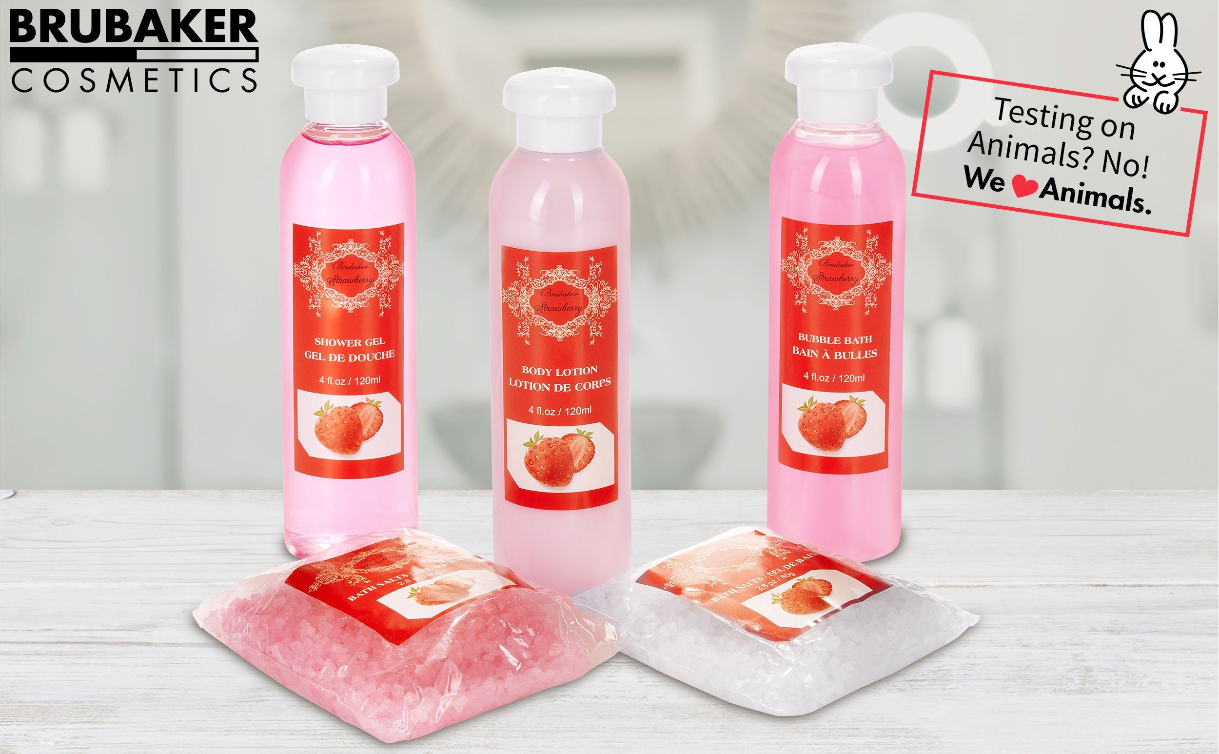 BRUBAKER Pflege-Geschenkset 2 in 1 Pflegeset Erdbeere & Vanilla Rose Minze - Wellness Set, 15-tlg., Damen Dusch- und Badeset - Frauen Beauty Geschenkset mit Dekoration