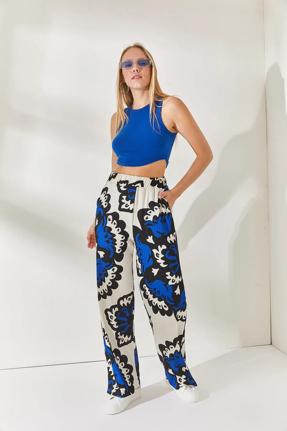 Olalook  Saks Blue Stone Palazzo-Hose mit elastischem Bund und Taschenmuster, PNT-19000225