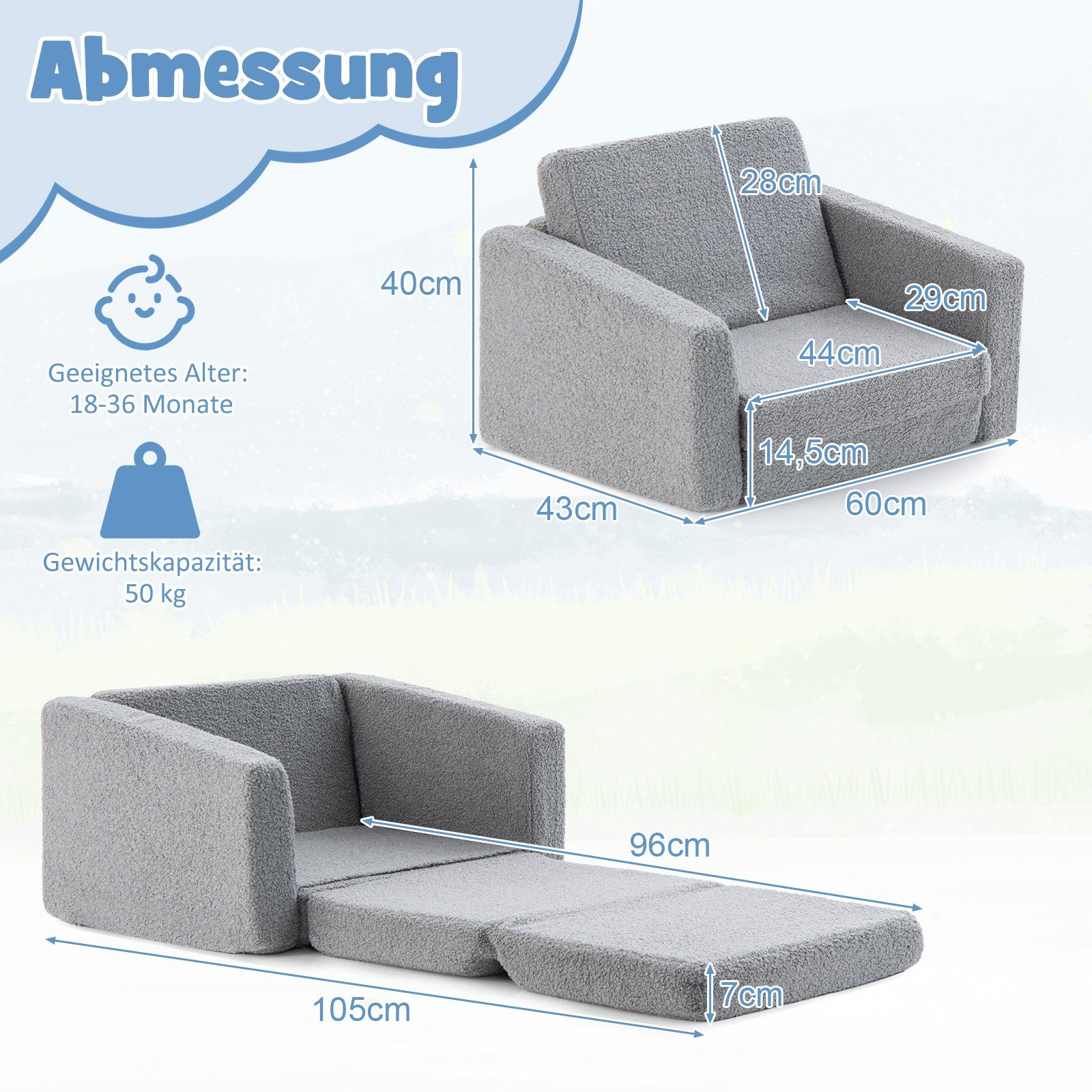 COSTWAY Kindersofa 2 in 1 Schlafsofa, klappbar, 60 x 43 x 40cm