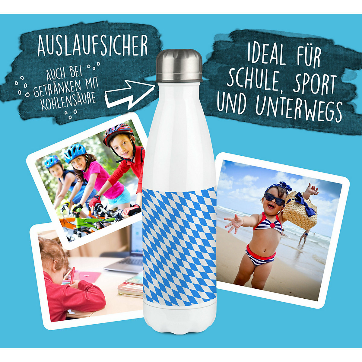 Edelstahl Kinder Thermoflasche / Trinkflasche bunt Bayern Spülmaschinenfest, Auslaufsicher, Bruchfest, Doppelwandig, Für Heißgetränke geeignet, Mit Deckel, Isoliert