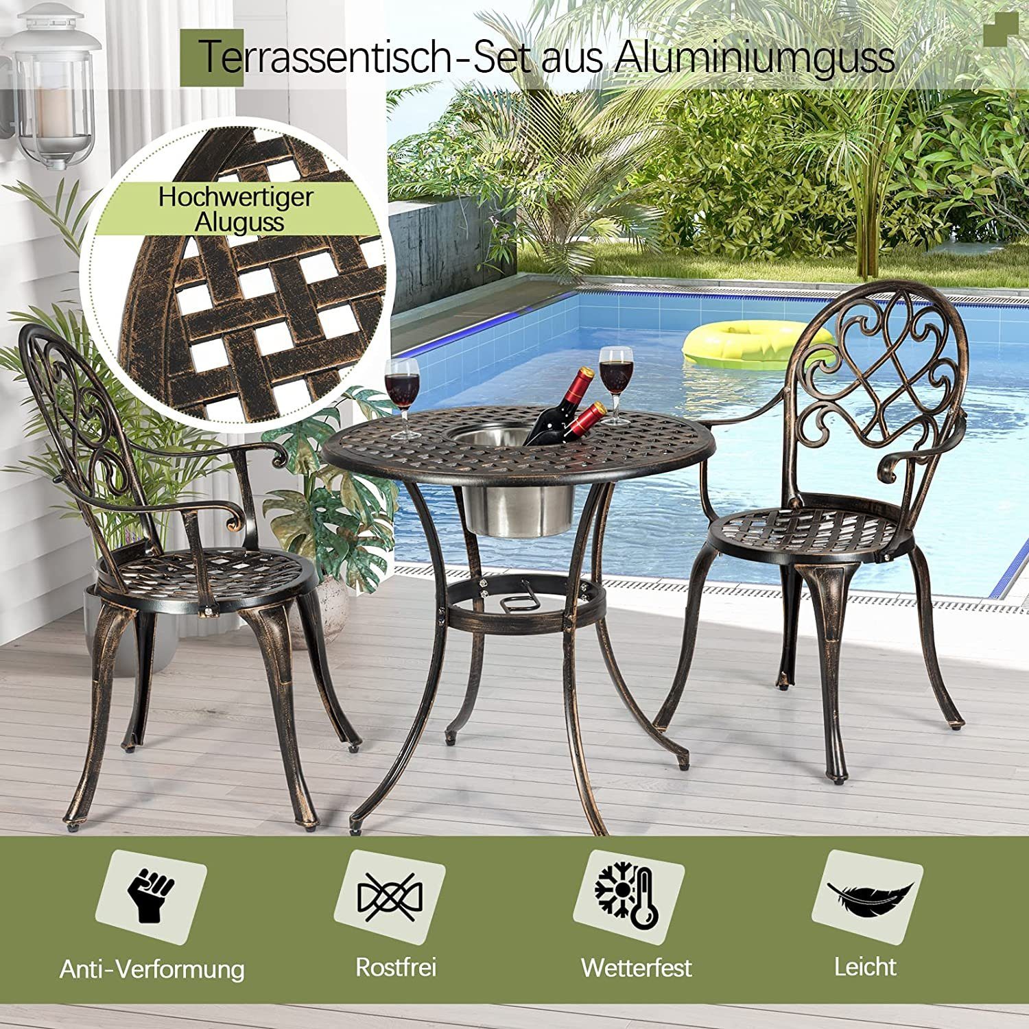KOMFOTTEU Bistrostuhl 3 TLG. Bistro Set, aus Aluminiumguss