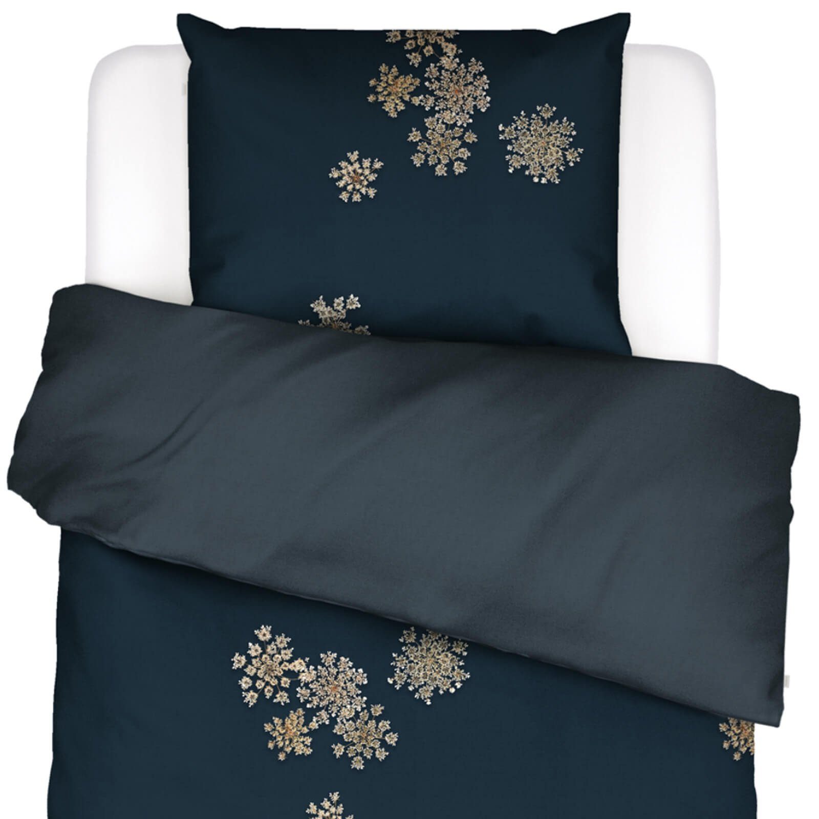 Bettwäsche Lauren Indigo Blue, Essenza, Satin, 2 teilig, Blumen, Bärenklau, floral