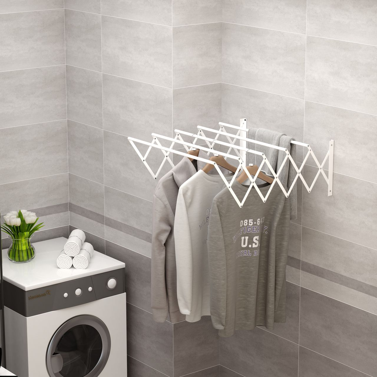HOMCOM Wandtrockner Wäscheständer für Wandmontage Wandwäschetrockner ausziehbar klappbar platzsparender Wäschereck für kleine Haushalte für drinnen und draußen Metall Weiß 63,5 x 60 x 20 cm