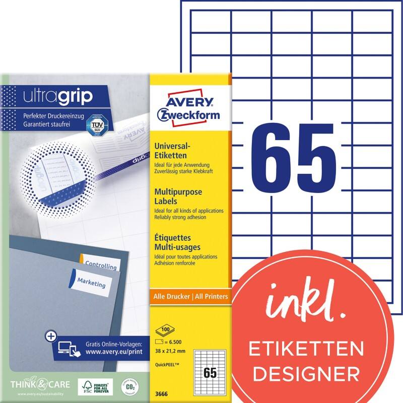AVERY Zweckform Abziehhilfe QuickPEEL,ultragrip Universaletiketten 3666 Selbsthaftend DIN A4 Weiß 38 x 21,2 mm 100 Blatt à 65 Etiketten