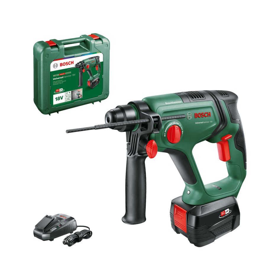 „Bosch Green 06039D6004“ universalus perforatorius 18 V, akumuliatorinis perforatorius, 1 x 4,0 Ah, ir įkroviklis, dėklas