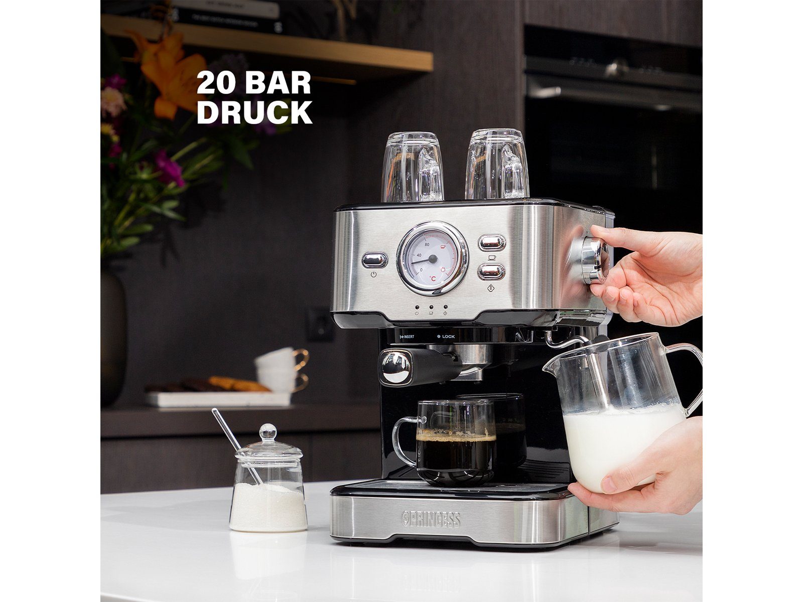 PRINCESS Siebträgermaschine, italienische Kaffee & kleine Espresso-Maschine mit Milchaufschäumer