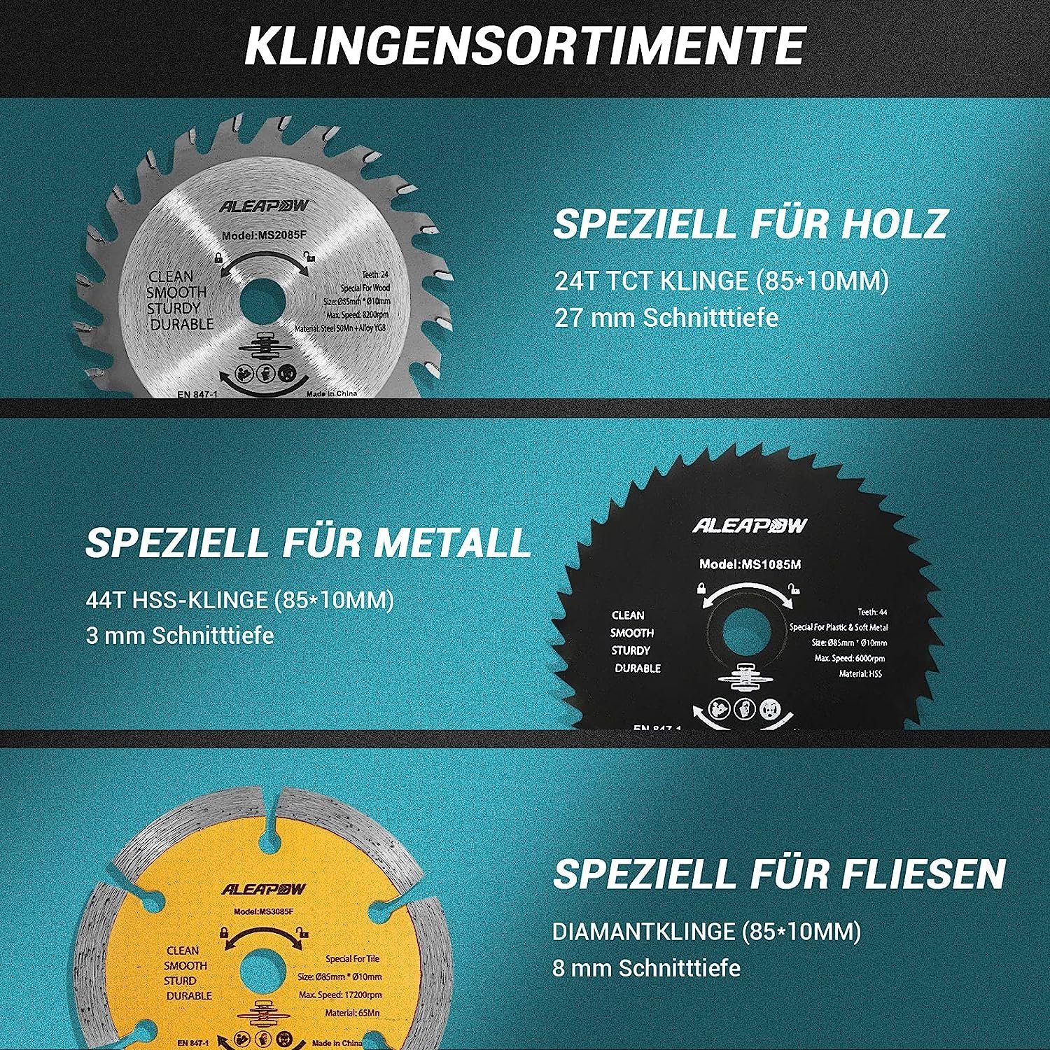 Diyarts Mini-Handkreissäge, Kreissäge mit 3 Sägeblättern, Laserführung, Handkreissäge Sägeblatt Ø85mm, Skalenlineal für Holz Weichmetall, Fliesen & Kunststoffschnitte