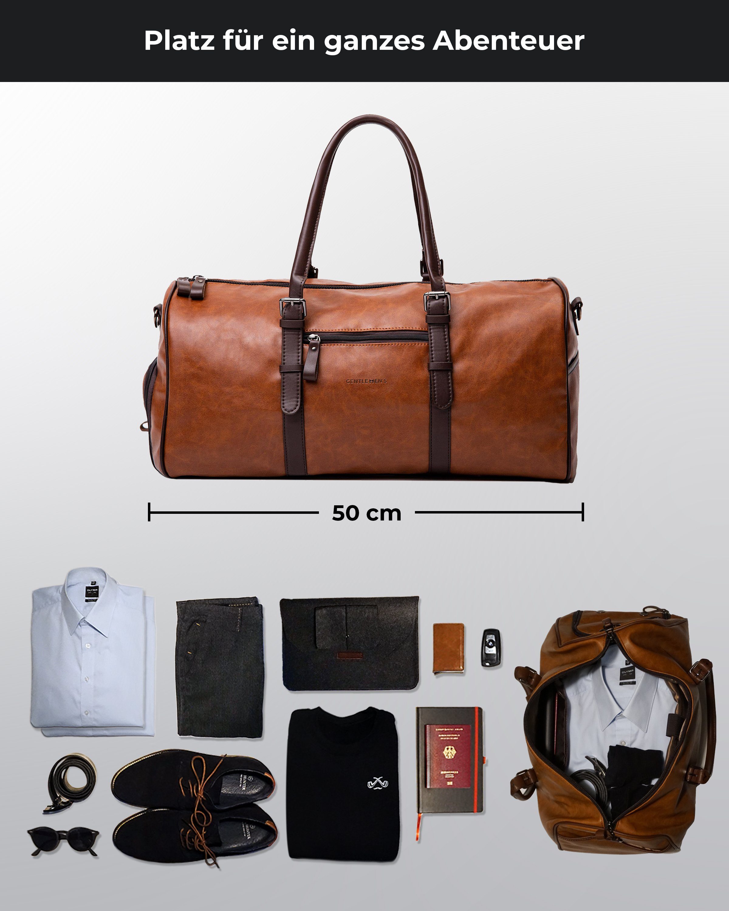 Gentlemen's Weekender - Kunstleder Reisetasche mit separatem Schuhfach, Sporttasche für jeden Anlass - vegan mit Schultergurt und Trackerfach