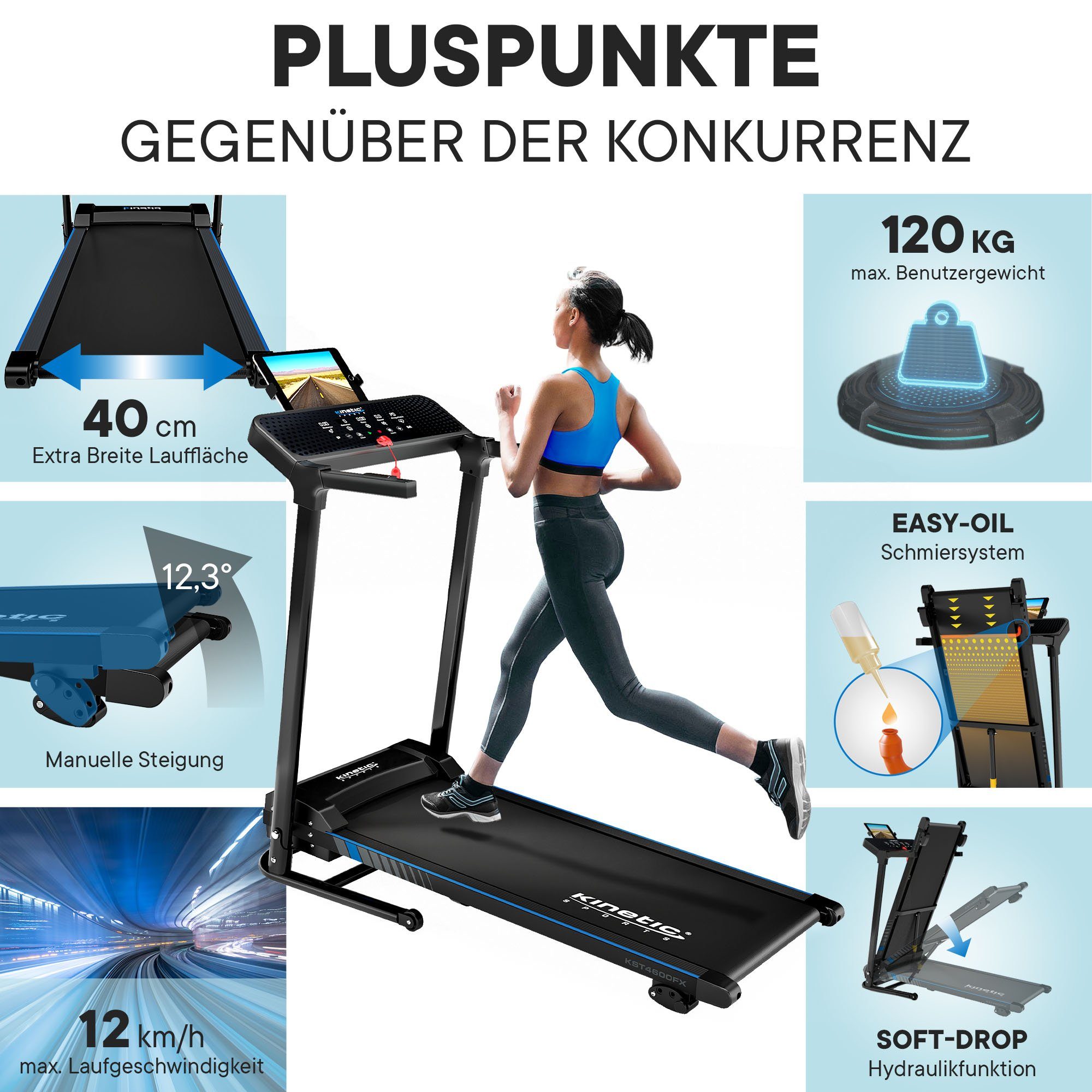 Kinetic Sports Laufband KST4600FX, 40 cm breite Lauffläche, LCD Display, 1100 Watt Motor, bis 12 km/h