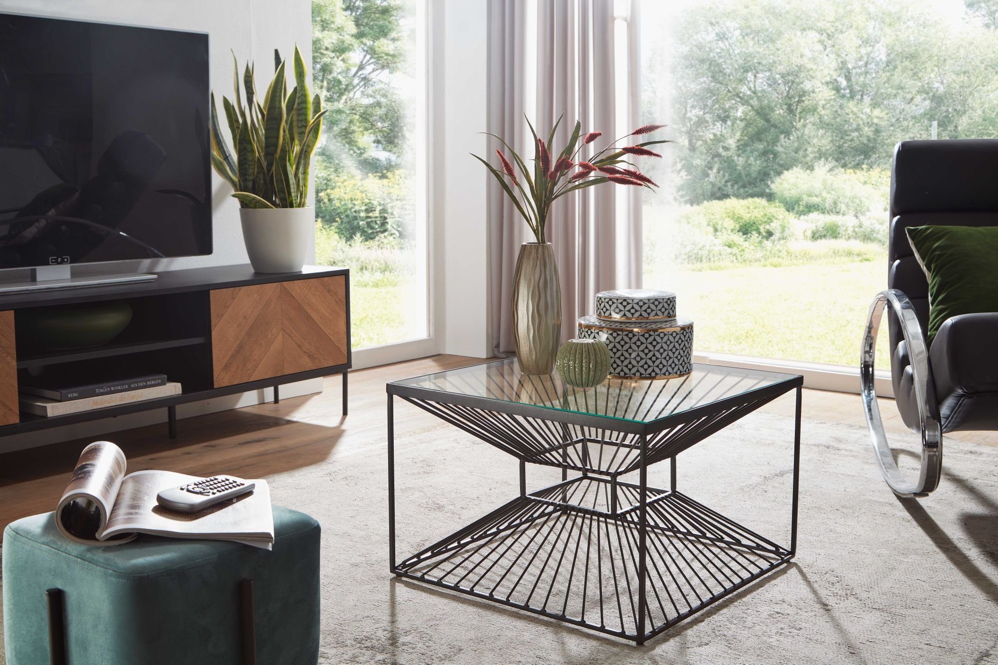 FINEBUY Couchtisch FB82286 (Glas Metall 55x55x36 cm, Sofatisch Schwarz), Wohnzimmertisch Quadratisch, Beistelltisch Modern