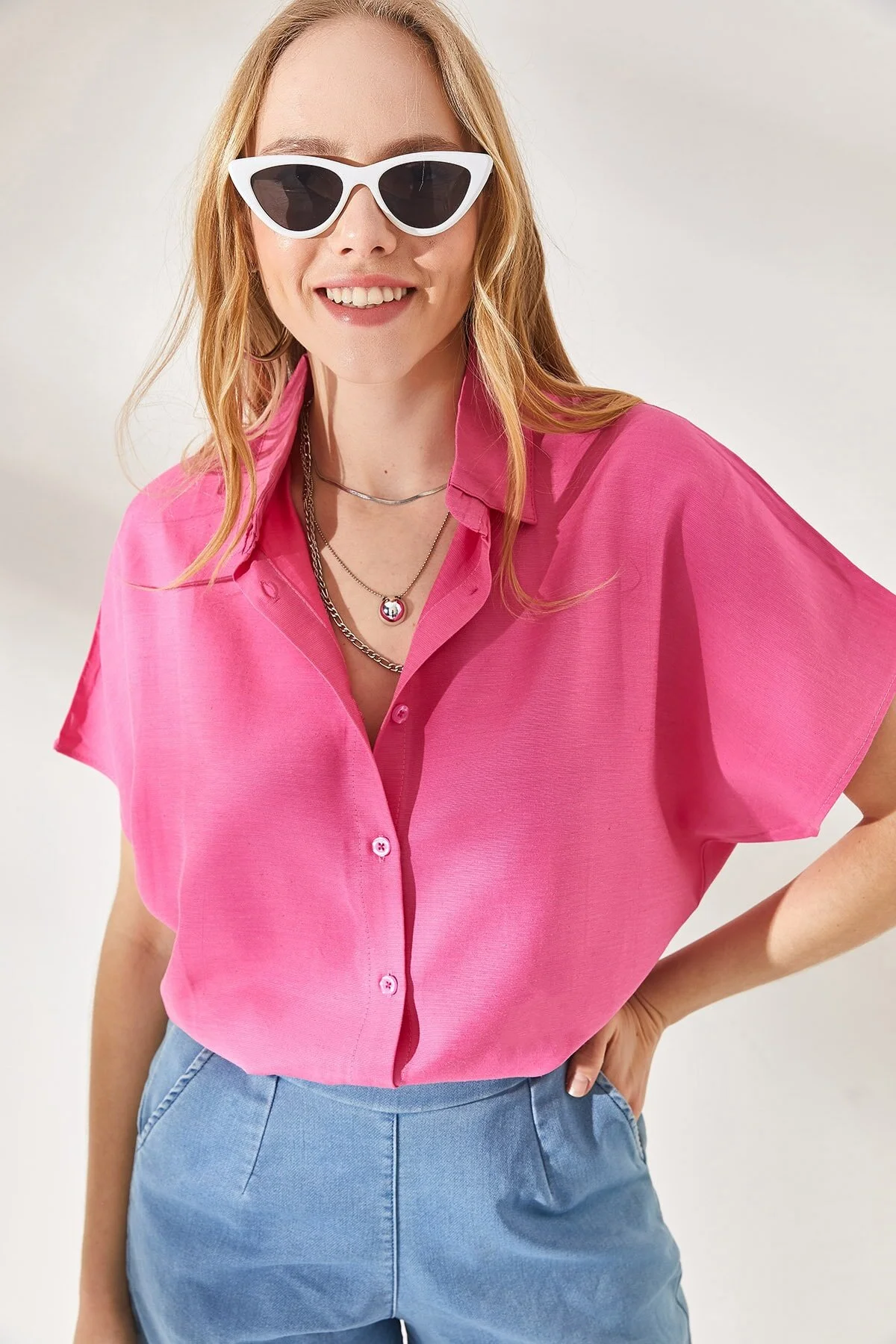 Olalook  Rosa Fledermaus-Übergröße-Leinenhemd für Damen GML-19001109