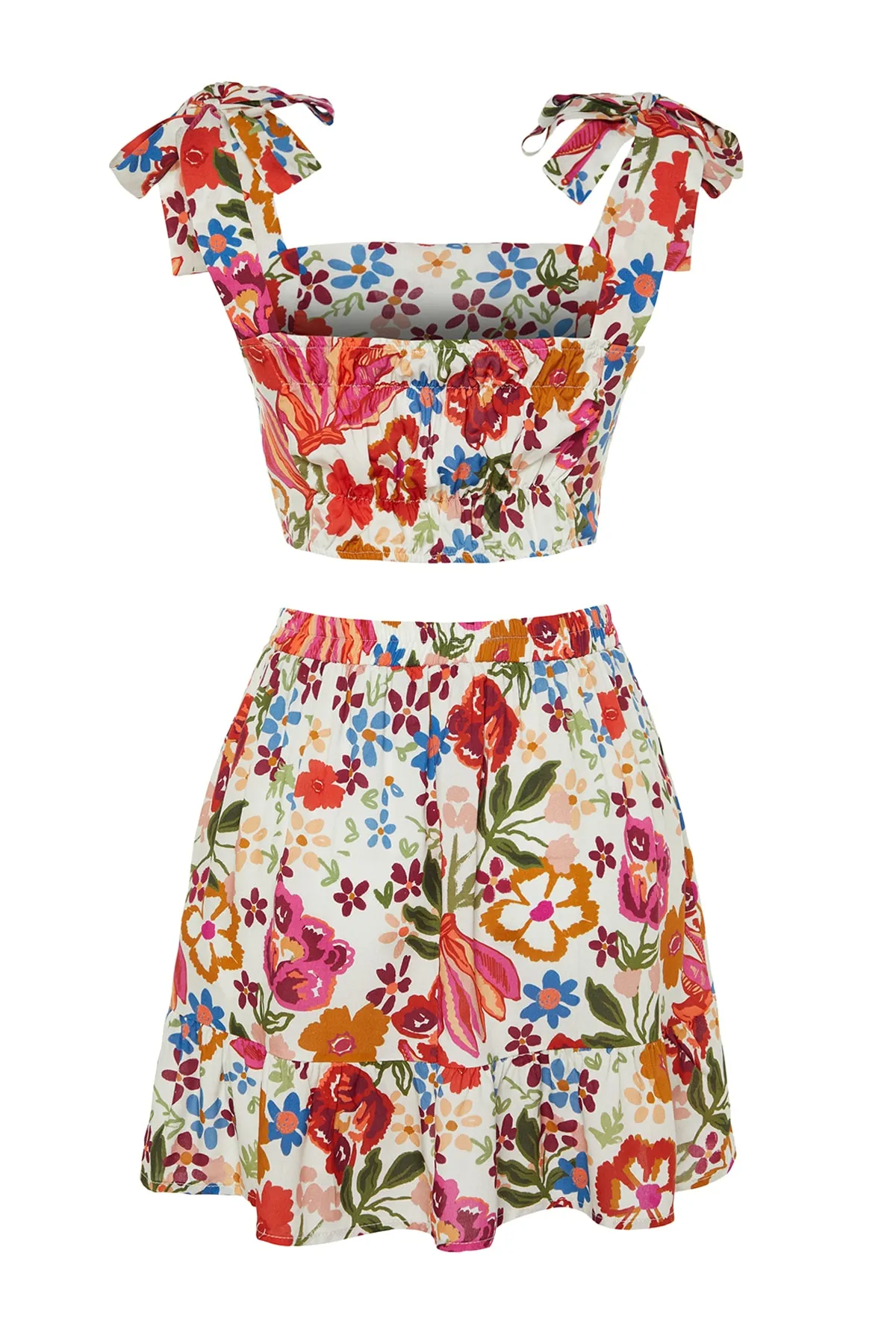 Trendyol Collection  Gewebtes Blusen-Rock-Set mit Blumenmuster und Bindeband TBESS23AU00140