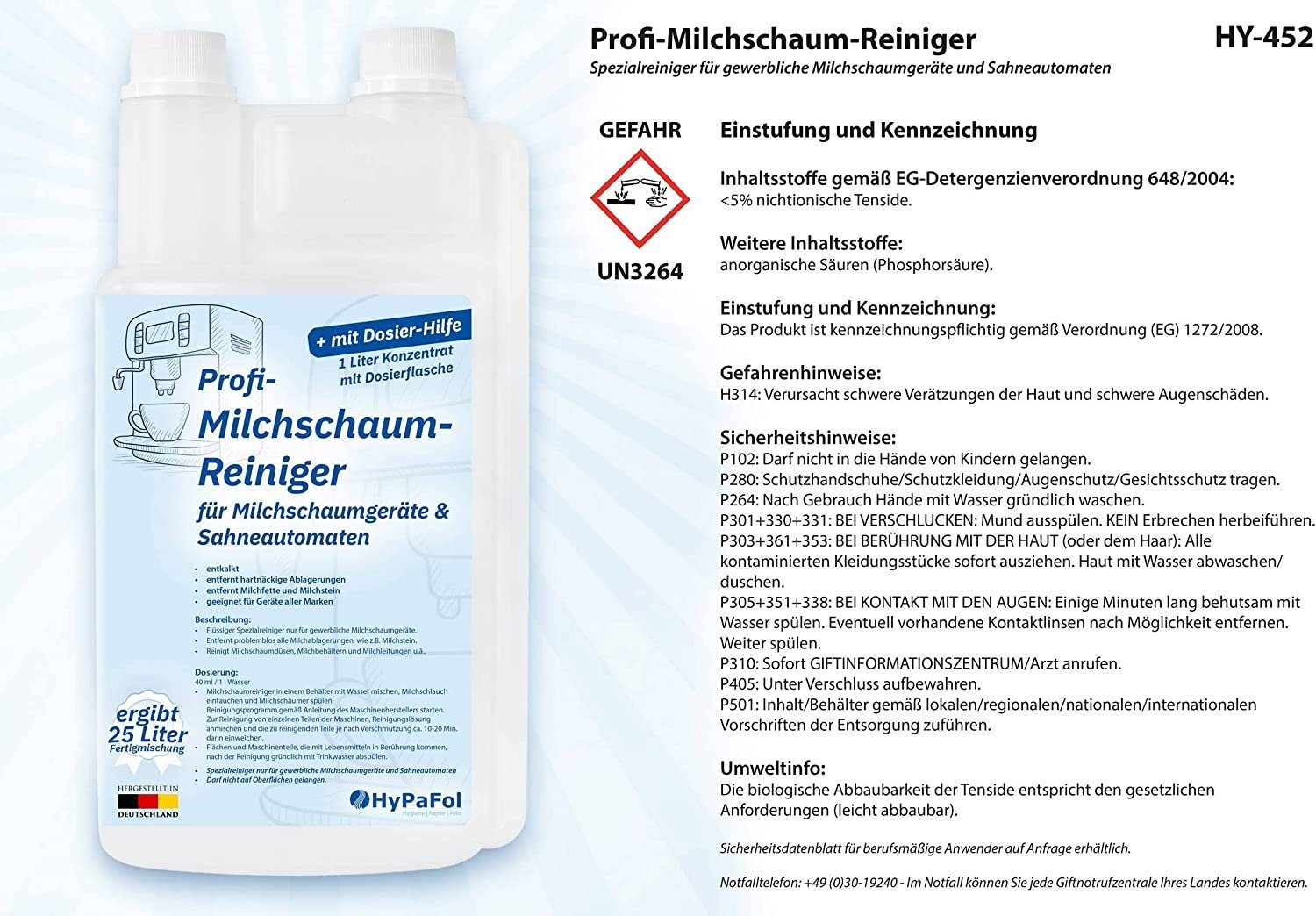 Hypafol Milchaufschäumer Milchschaumreiniger, flüssiger Spezialreiniger für Milchschaumgeräte, geeignet für Geräte aller Marken