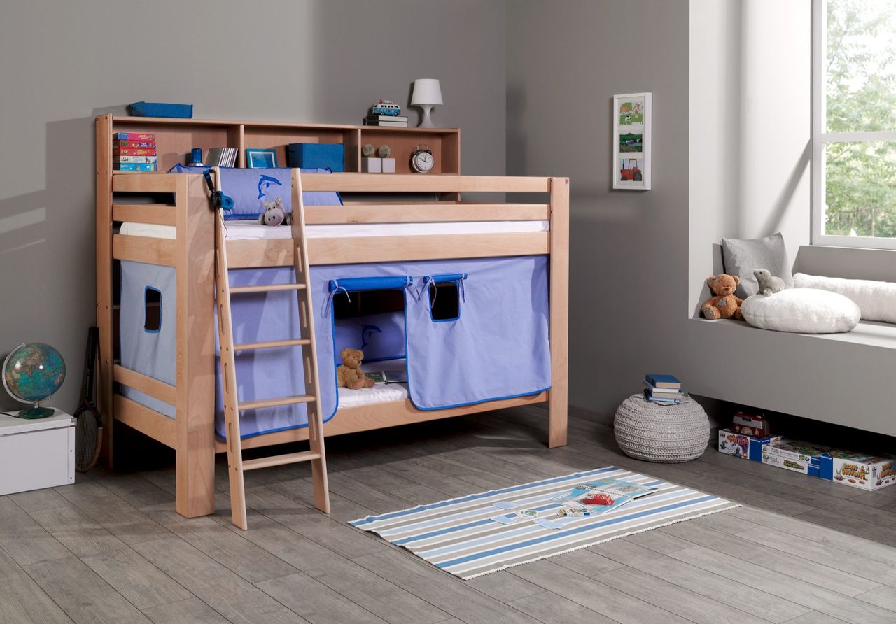Relita Etagenbett Jan mit Bücherregal und Vorhang blau/delfin