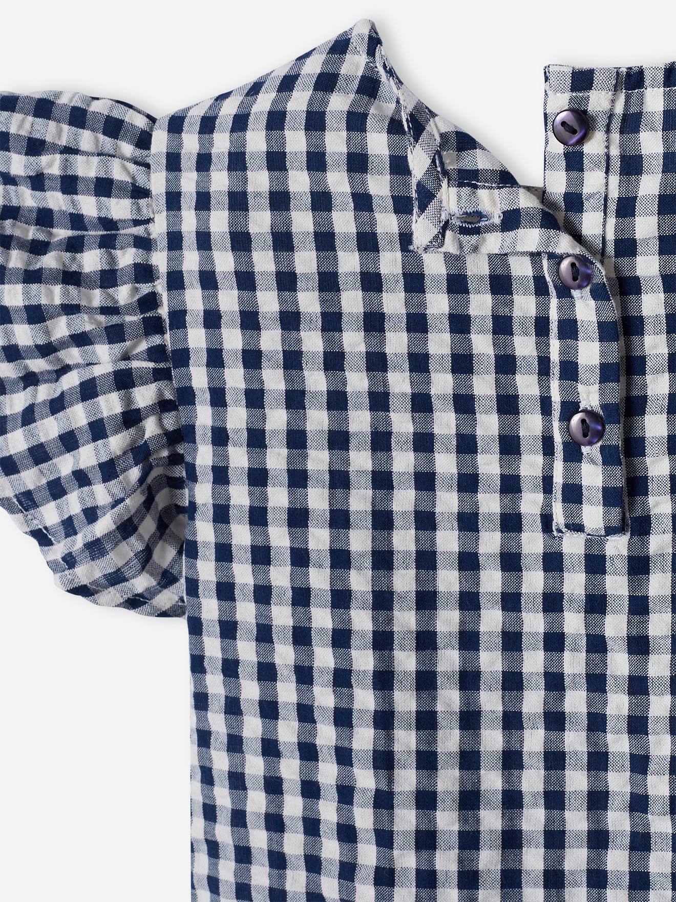 Blouse volantée à carreaux vichy fille carreaux marine