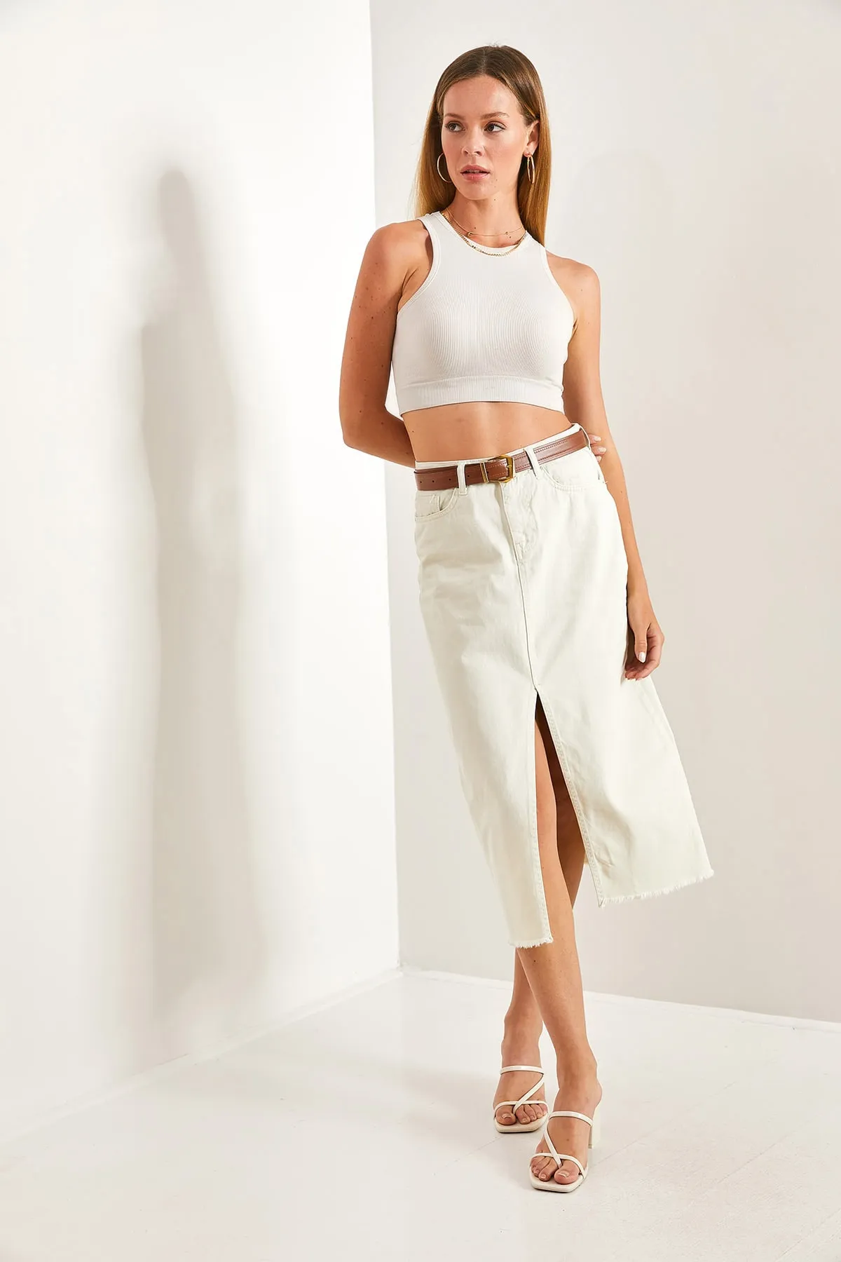 Bianco Lucci  Lasergeschnittener, geschlitzter Jeansrock für Damen