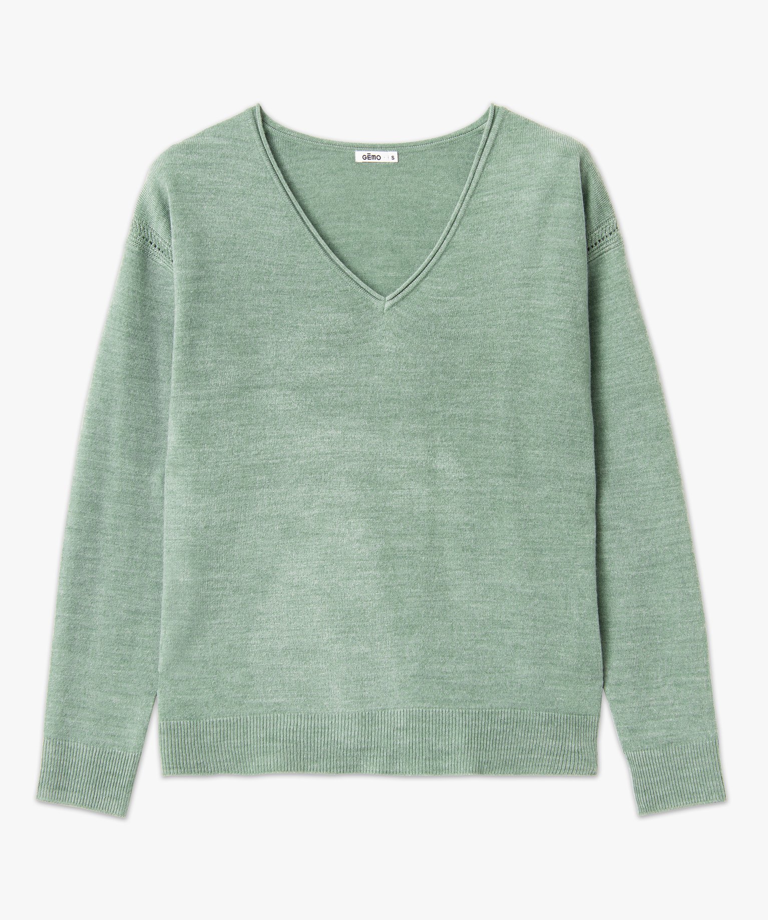 Pull femme en maille fine avec large col V vert clair | GEMO