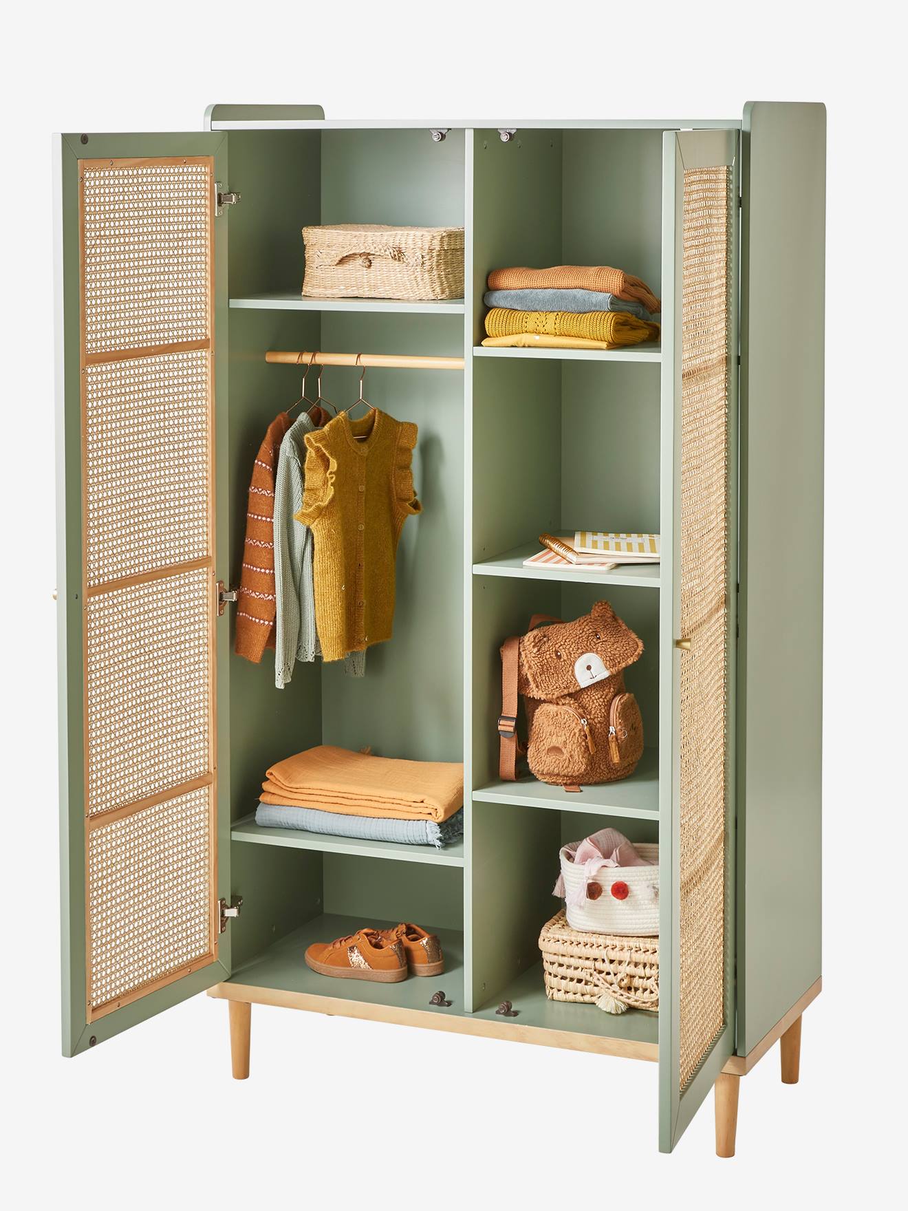 Vertbaudet Kinderzimmer Kleiderschrank POESIE mit Rattan - grün/natur