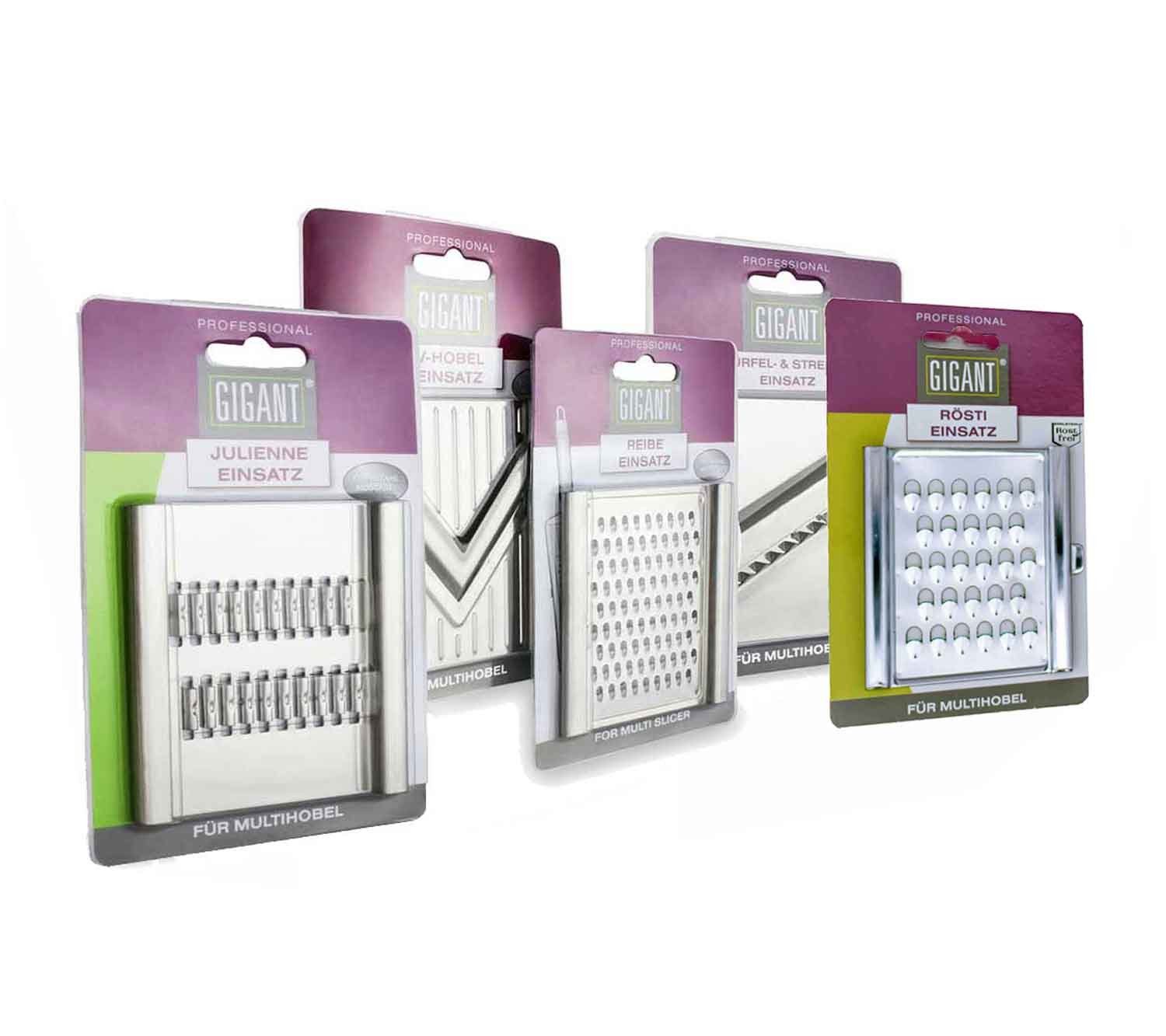 Muxel Gemüsehobel Muxel Gemüse-Hobel (Vierfachhobel) Mega-Set mit 5 zusätzlichen Einsätz, Edelstahl, (Hobelset, 10-St), Zackenklinge schneidet in beide Richtungen